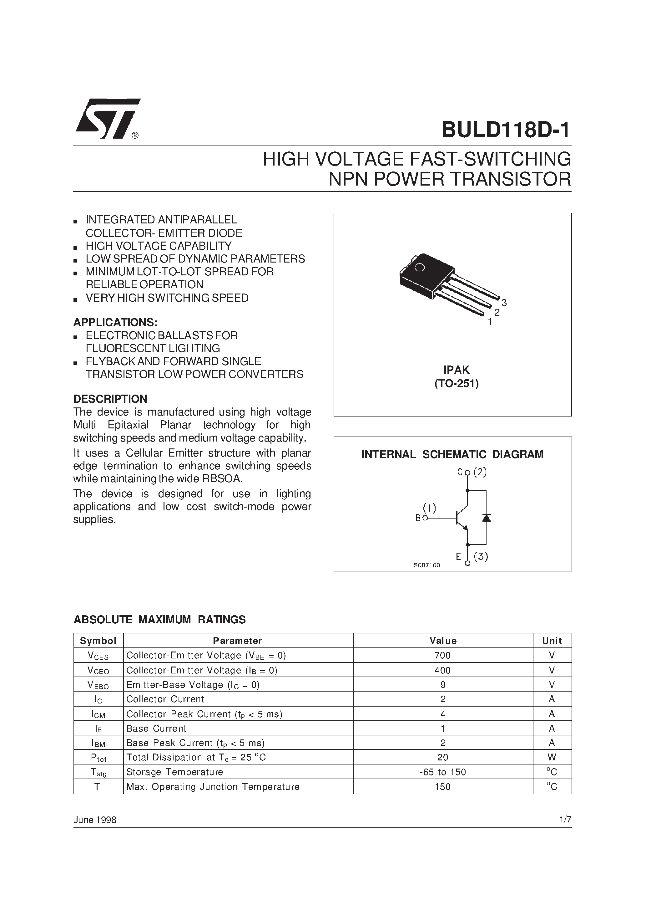 Даташит BULD118D-1 - HIGH VOLTAGE FAST-SWITCHING NPN POWER TRANSISTOR страница 1