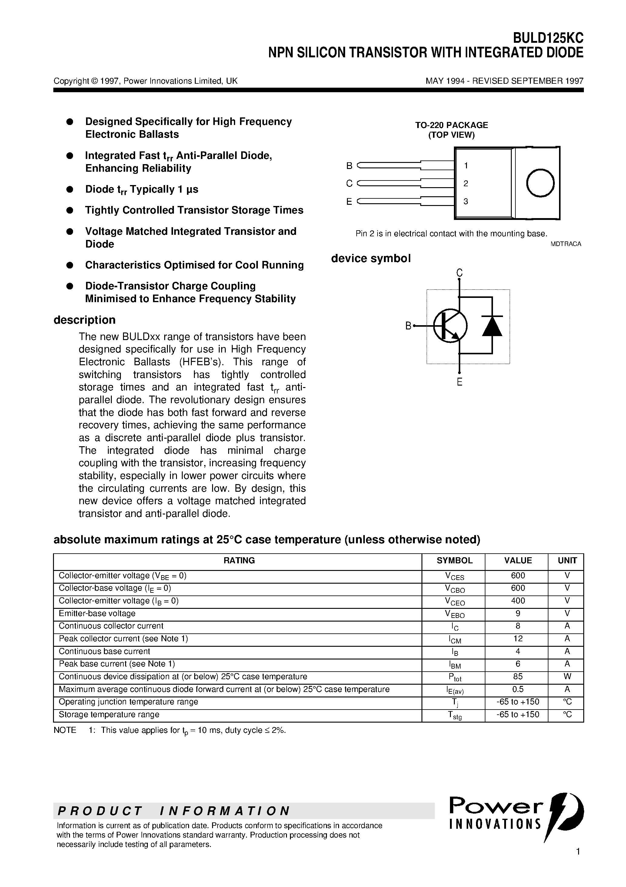 Datasheet BULD125KC page 1 Datasheet BULD125KC - NPN SILICON TRANSISTOR WITH INTEGRATED DIODE page 1
