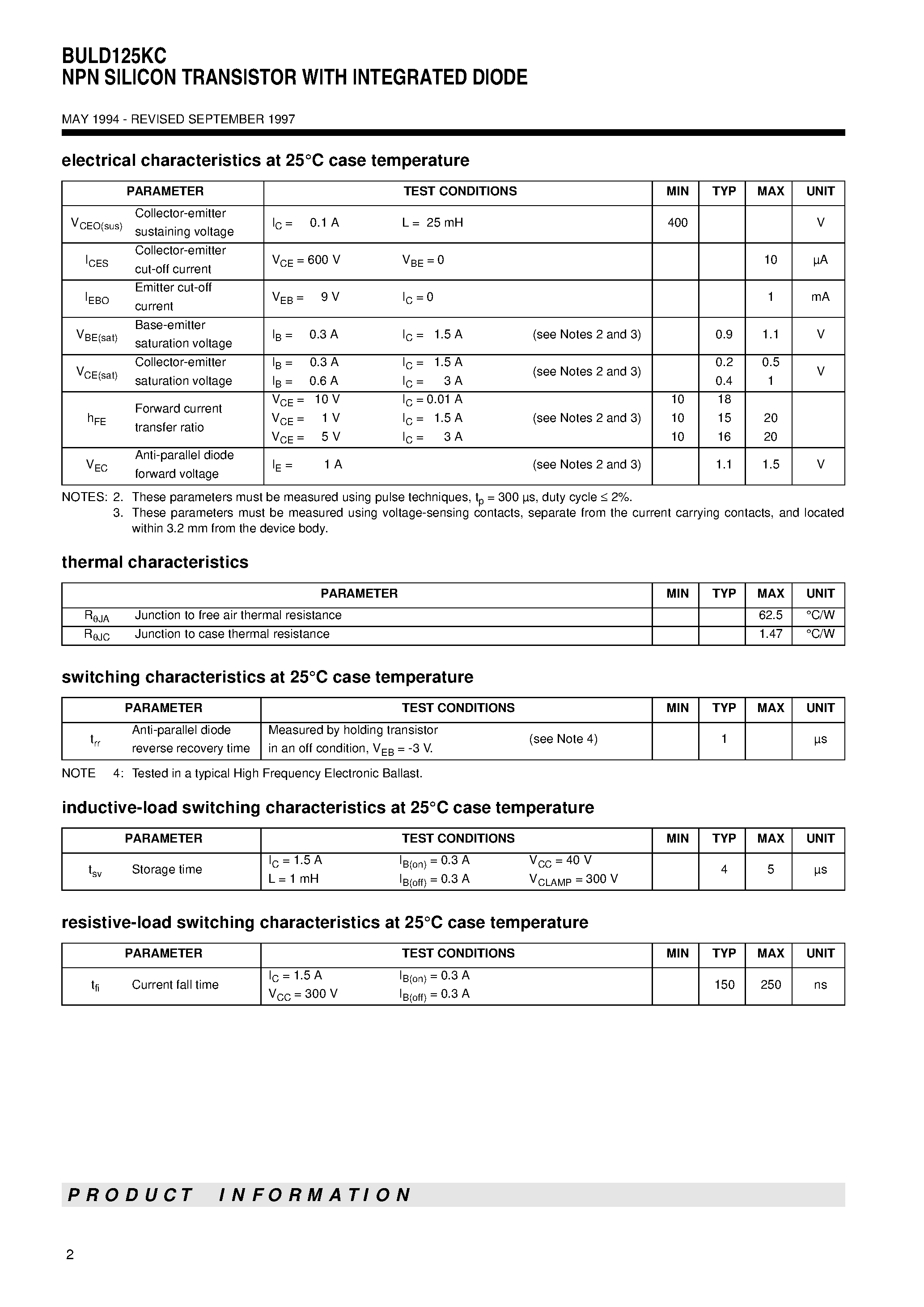 Datasheet BULD125KC page 2 Datasheet BULD125KC - NPN SILICON TRANSISTOR WITH INTEGRATED DIODE page 2