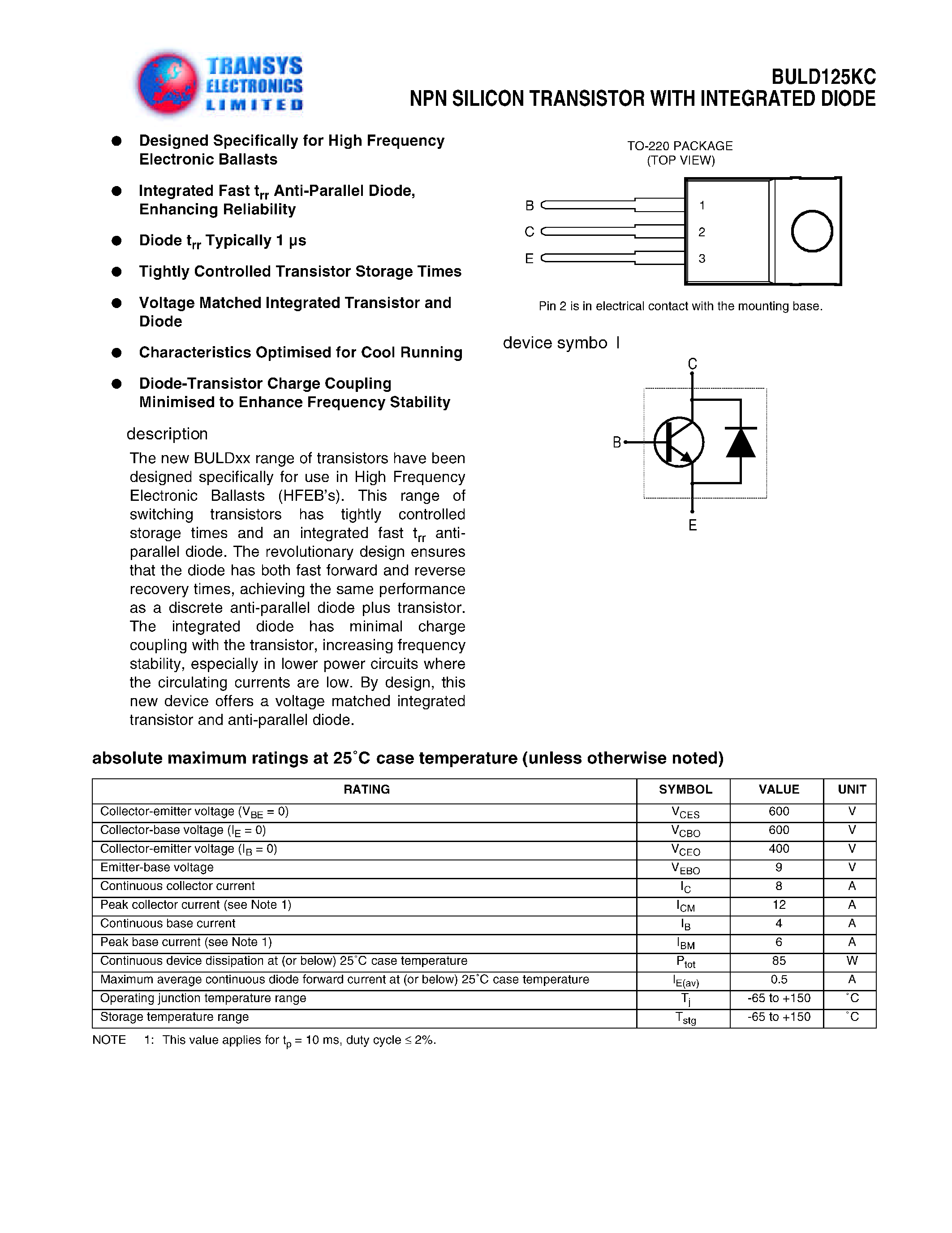 Datasheet BULD125KC page 1 Datasheet BULD125KC - NPN SILICON TRANSISTOR WITH INTEGRATED DIODE page 1