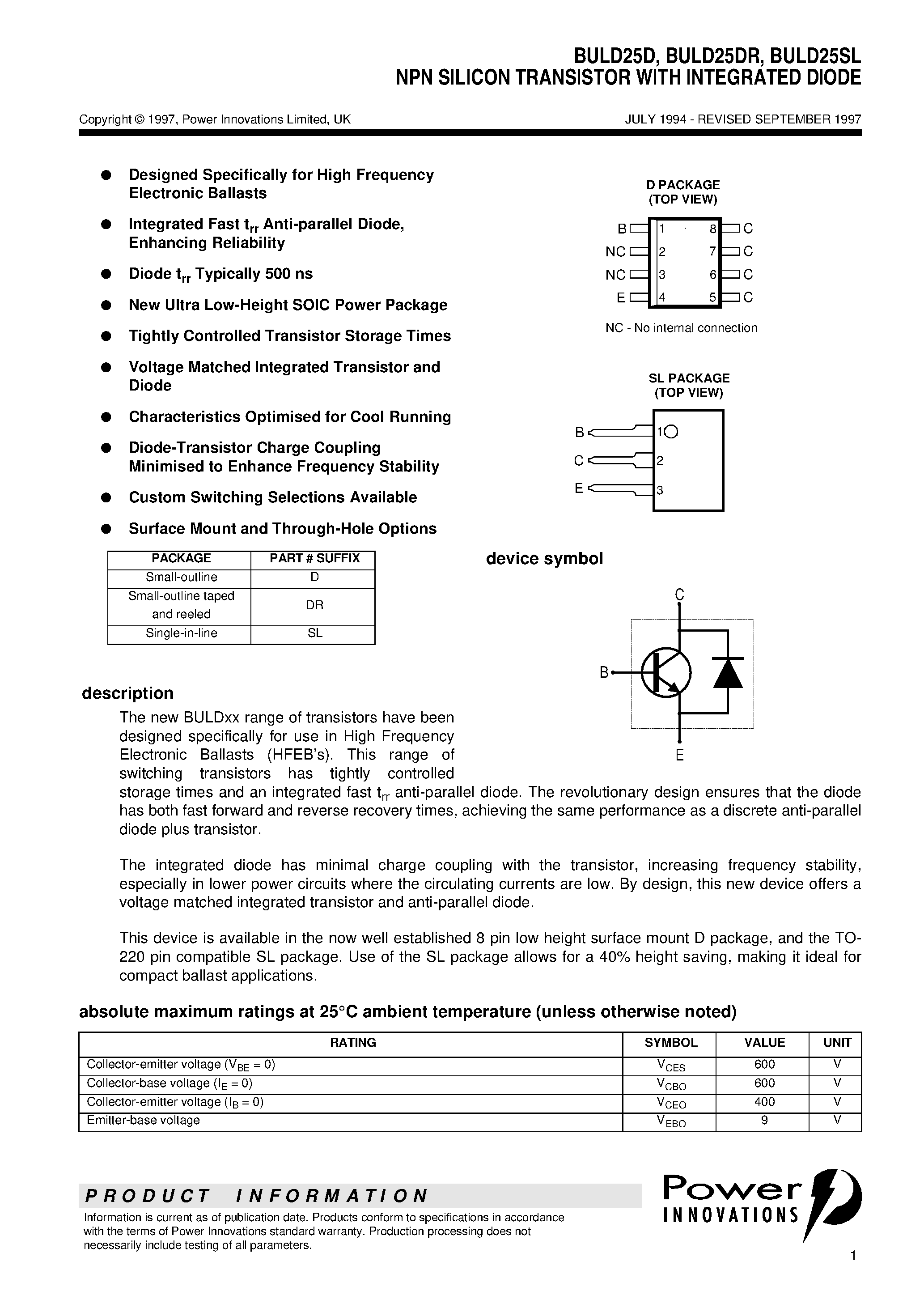 Datasheet BULD25DR page 1 Datasheet BULD25DR - NPN SILICON TRANSISTOR WITH INTEGRATED DIODE page 1