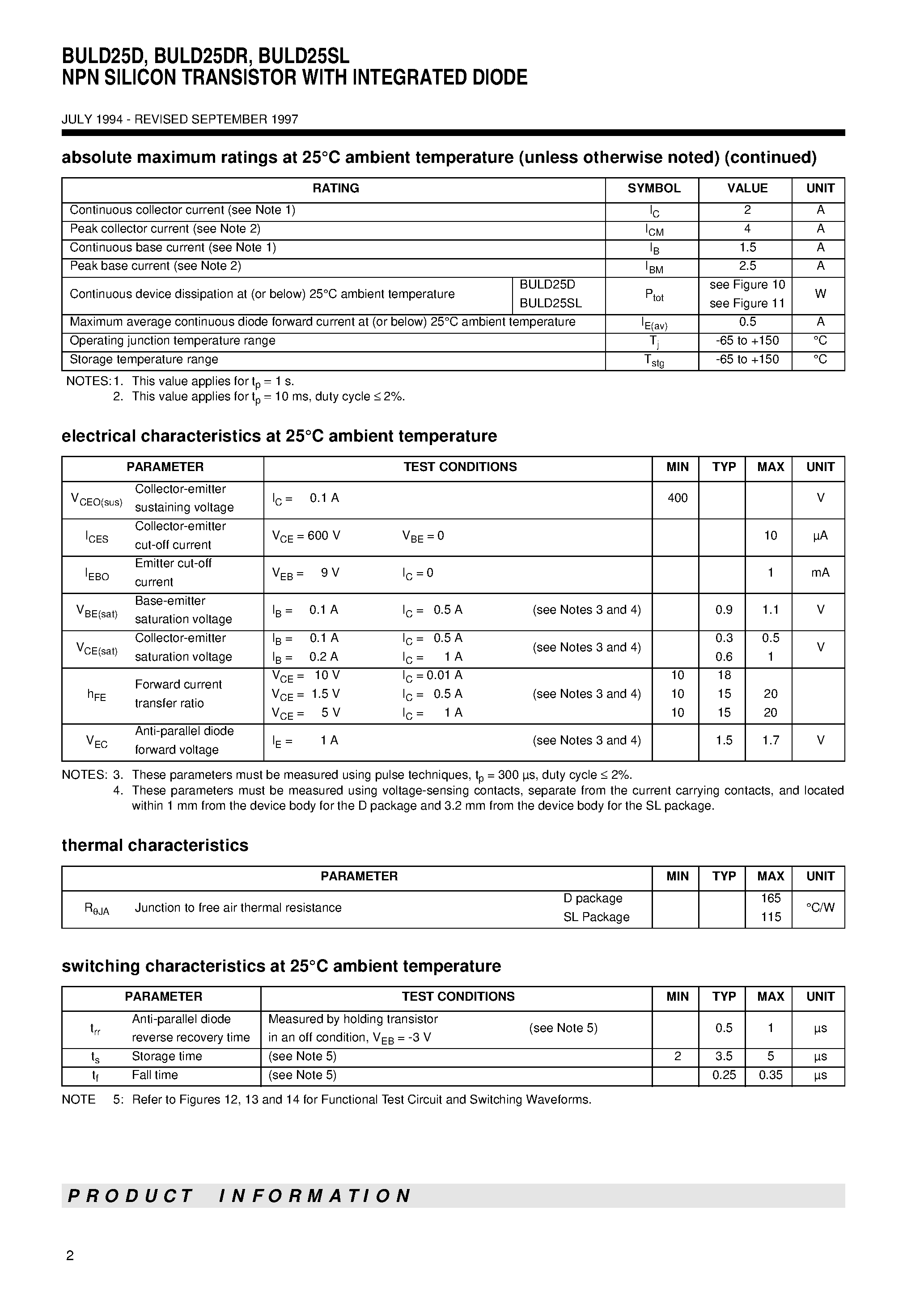 Datasheet BULD25SL - NPN SILICON TRANSISTOR WITH INTEGRATED DIODE page 2