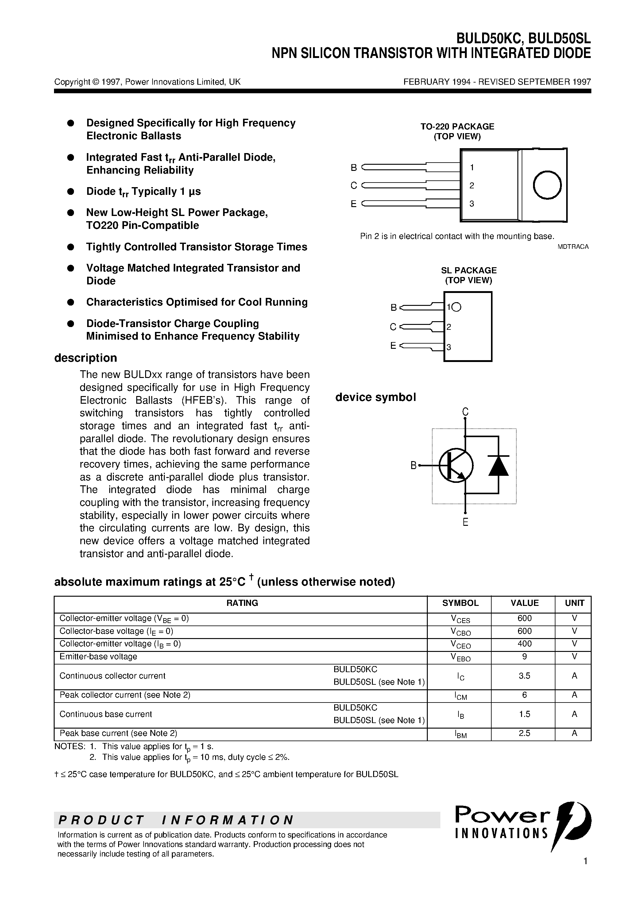 Datasheet BULD50 page 1 Datasheet BULD50 - NPN SILICON TRANSISTOR WITH INTEGRATED DIODE page 1