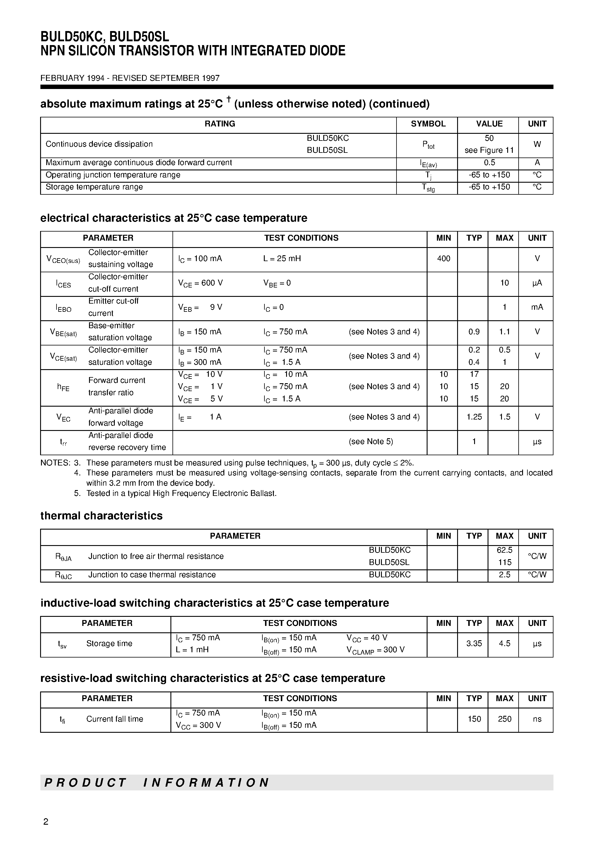 Datasheet BULD50SL page 2 Datasheet BULD50SL - NPN SILICON TRANSISTOR WITH INTEGRATED DIODE page 2