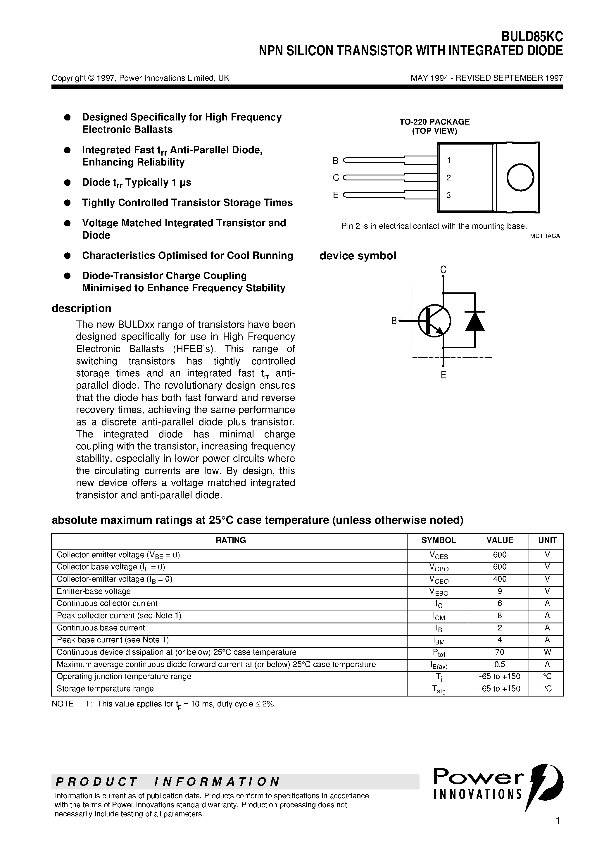 Datasheet BULD85KC - NPN SILICON TRANSISTOR WITH INTEGRATED DIODE page 1