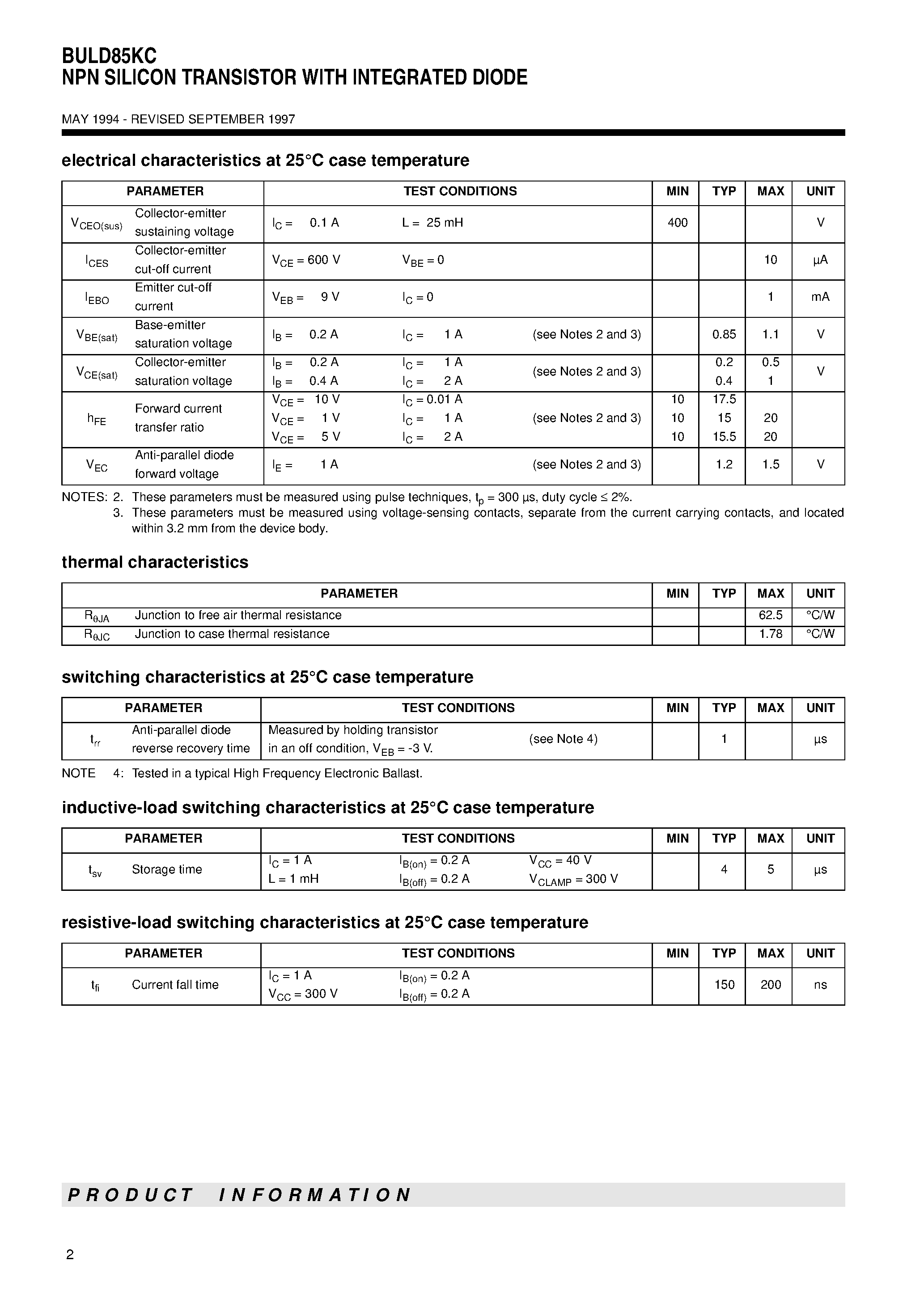 Datasheet BULD85KC - NPN SILICON TRANSISTOR WITH INTEGRATED DIODE page 2