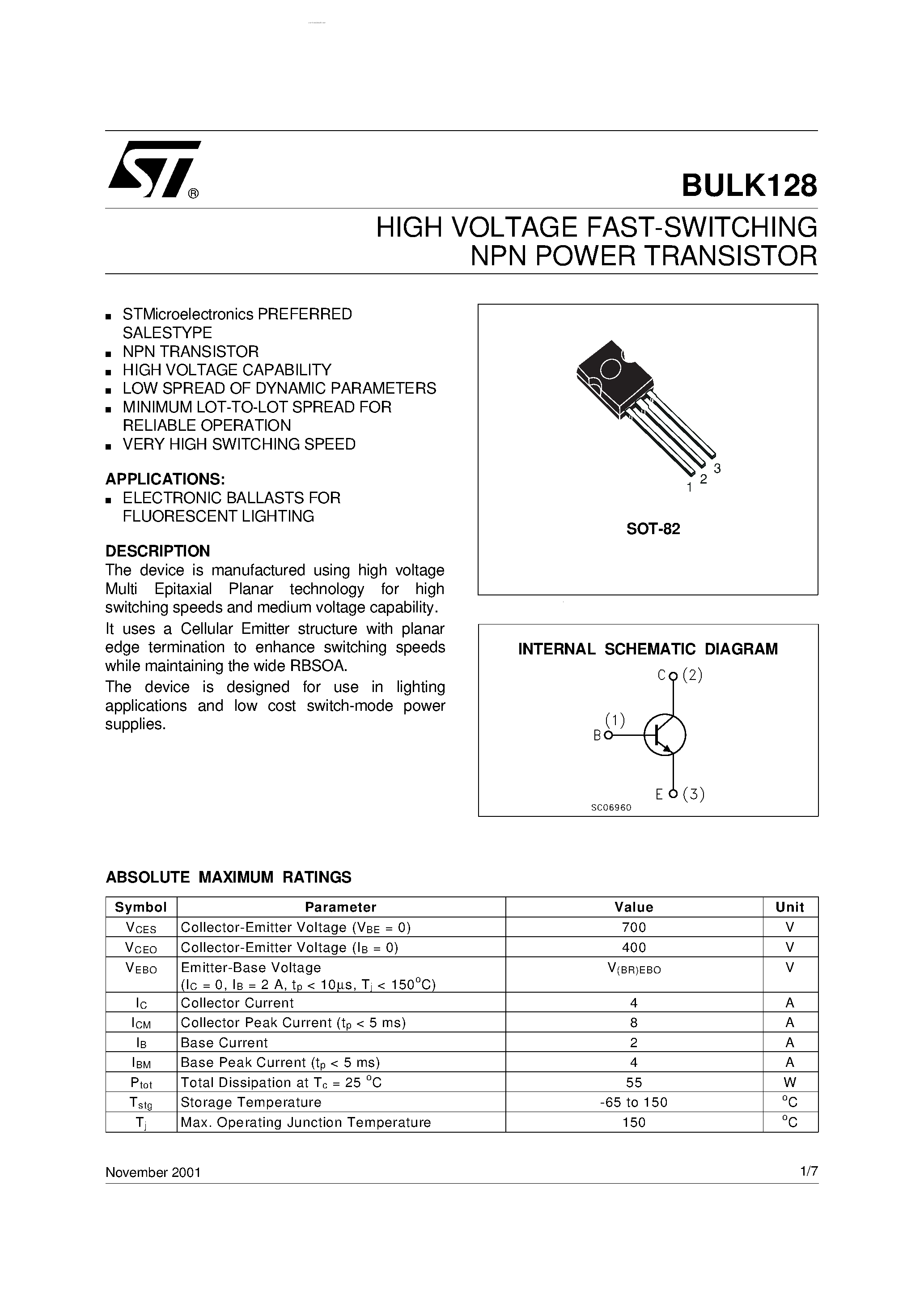 Даташит BULK128 - HIGH VOLTAGE FAST-SWITCHING NPN POWER TRANSISTOR страница 1