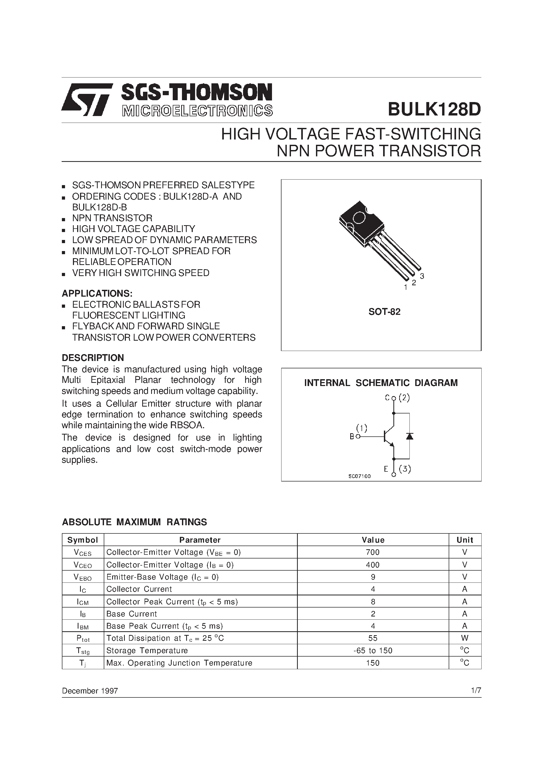 Даташит BULK128D - HIGH VOLTAGE FAST-SWITCHING NPN POWER TRANSISTOR страница 1