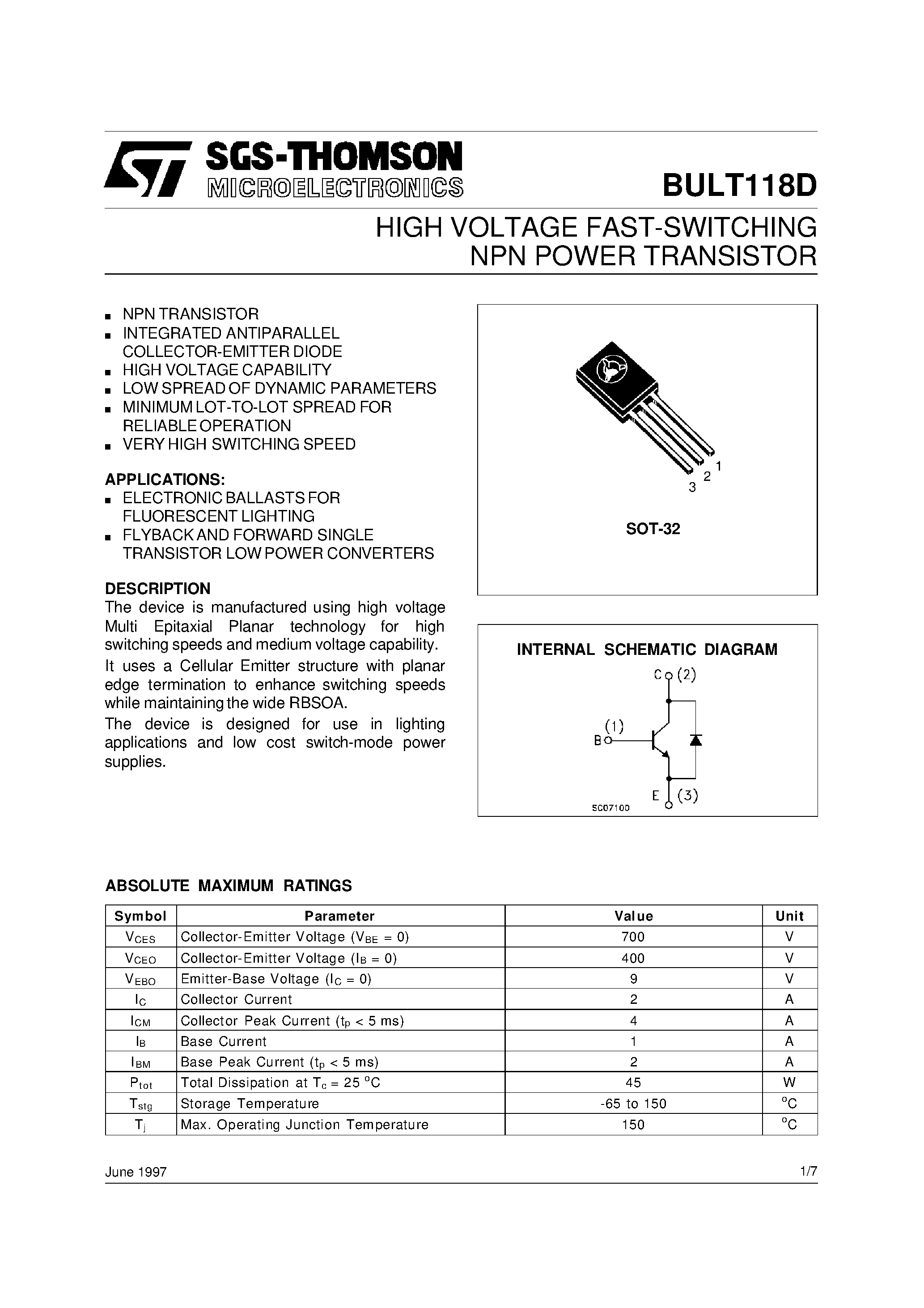 Даташит BULT118D - HIGH VOLTAGE FAST-SWITCHING NPN POWER TRANSISTOR страница 1