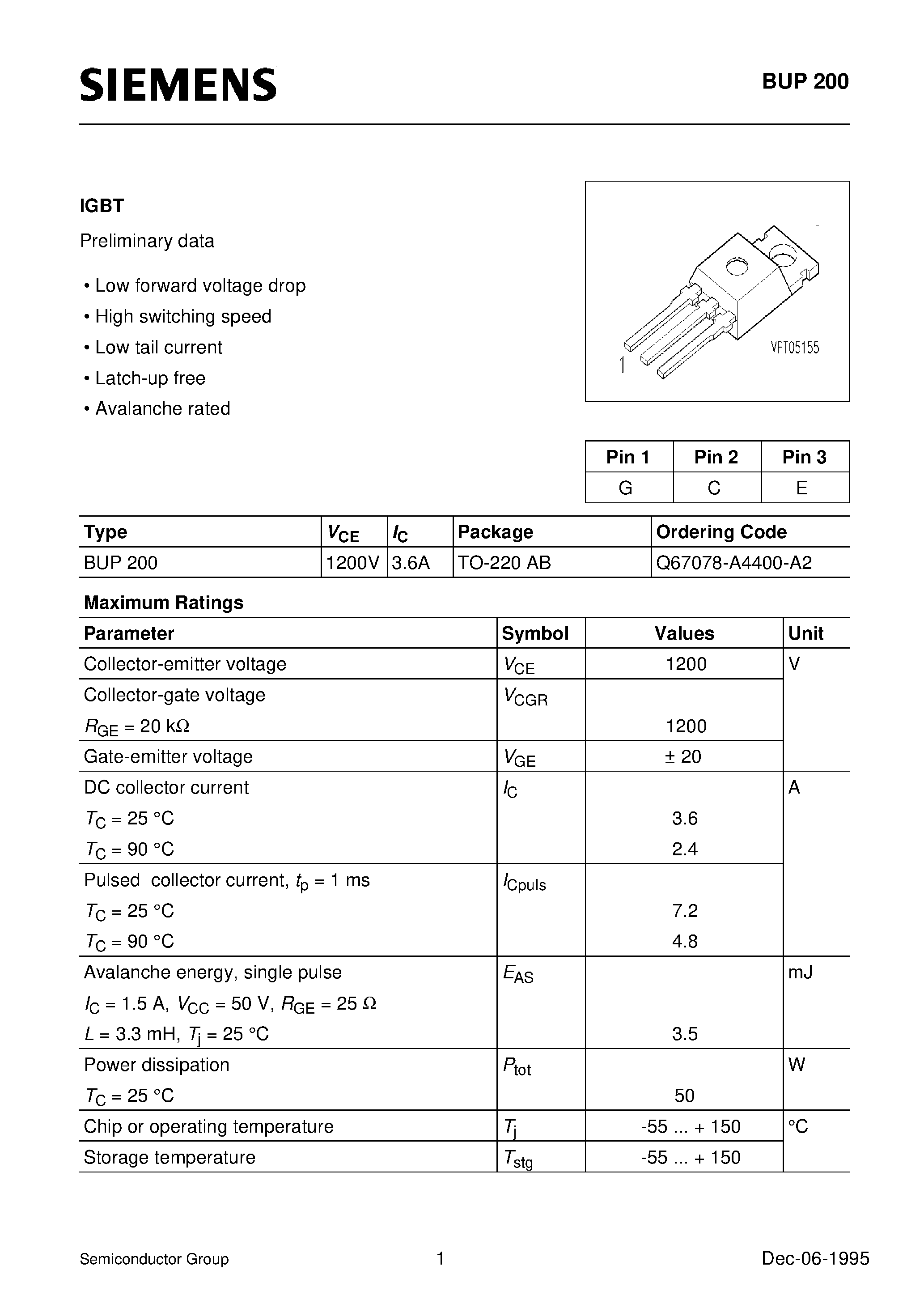 Даташит BUP200 - IGBT (Low forward voltage drop High switching speed Low tail current Latch-up free Avalanche rated) страница 1