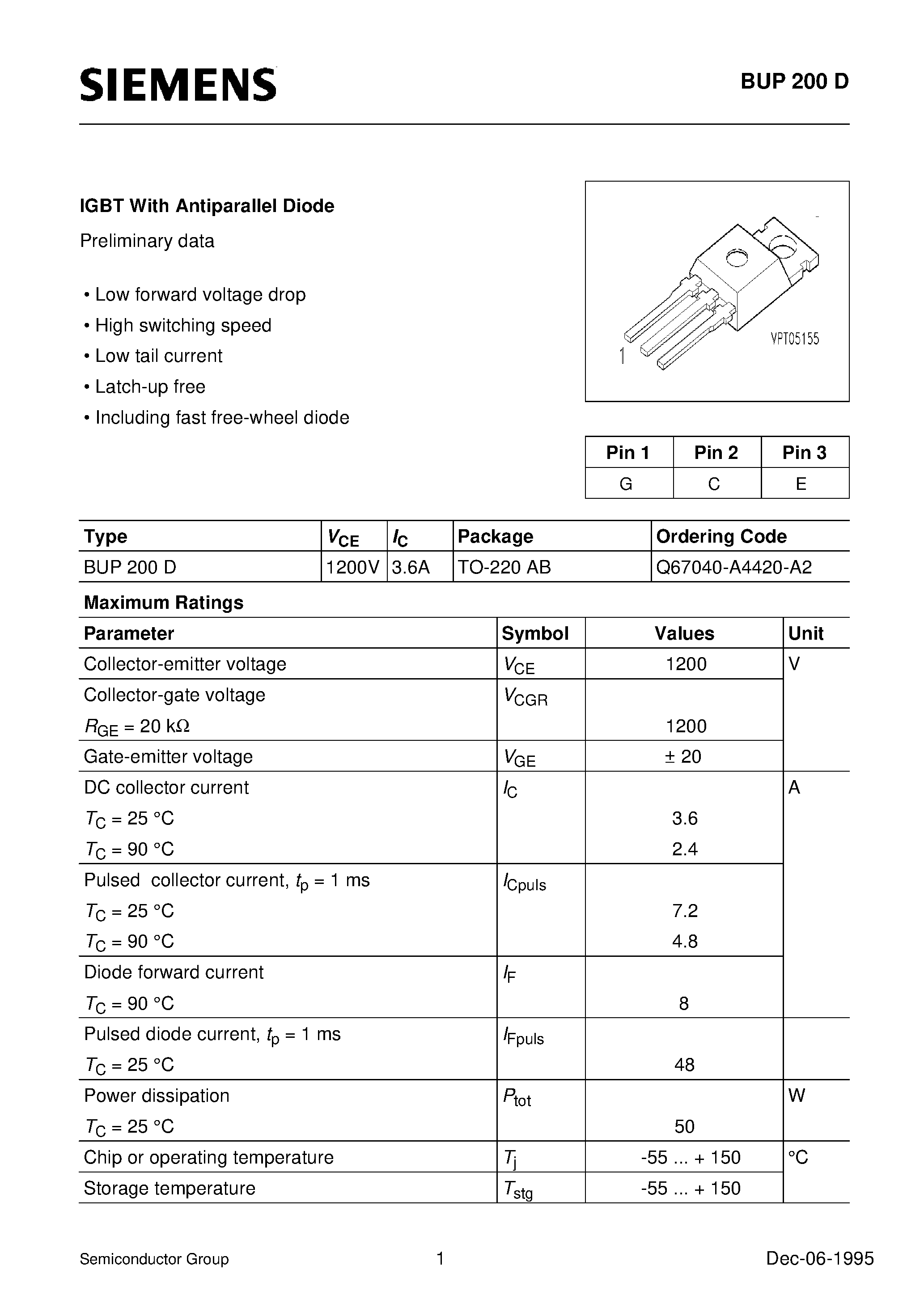 Datasheet BUP200D page 1 Datasheet BUP200D - IGBT With Antiparallel Diode (Low forward voltage drop High switching speed Low tail current Latch-up free) page 1