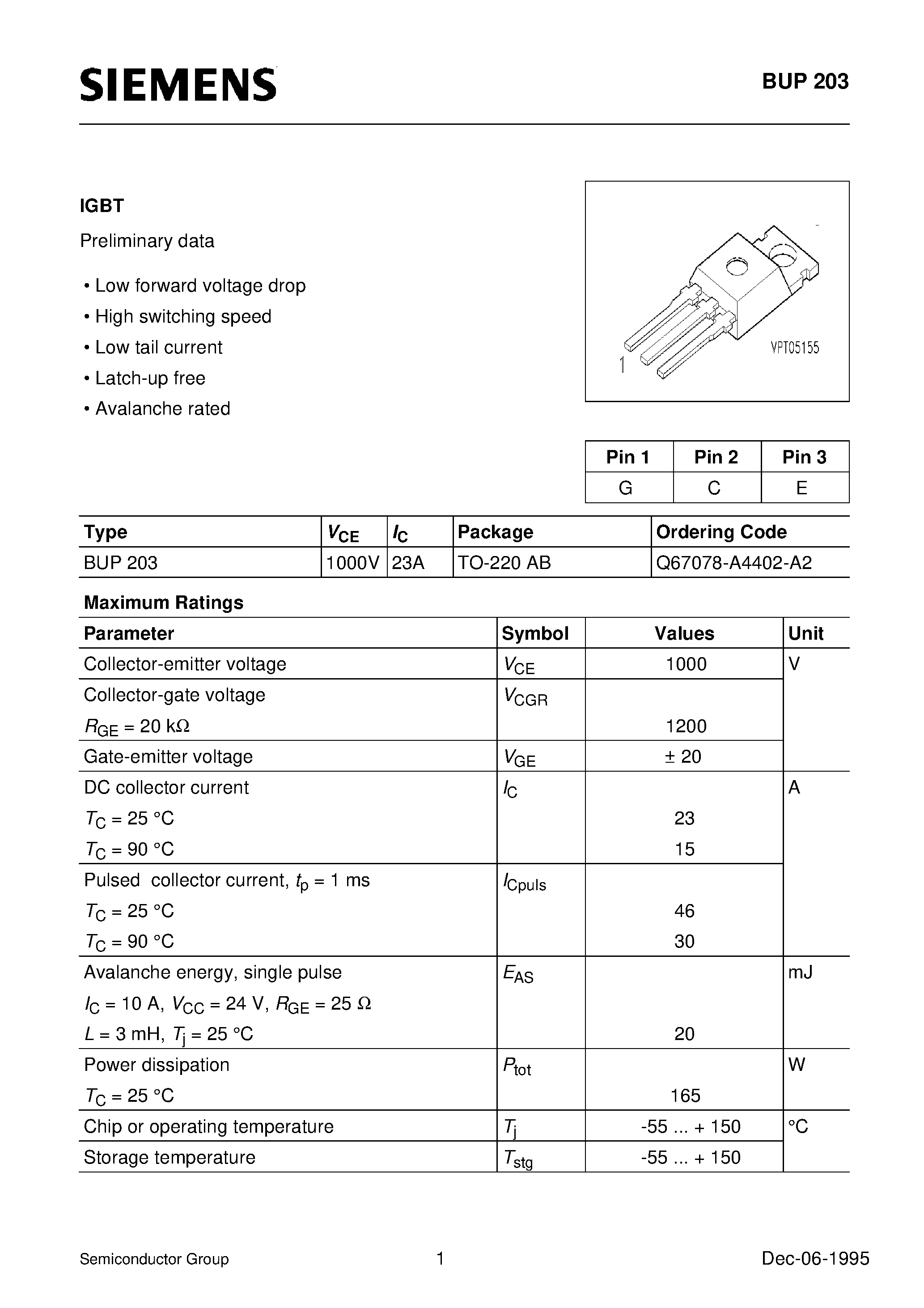 Даташит на микросхему BUP203 страница 1 Даташит BUP203 - IGBT (Low forward voltage drop High switching speed Low tail current Latch-up free Avalanche rated) страница 1