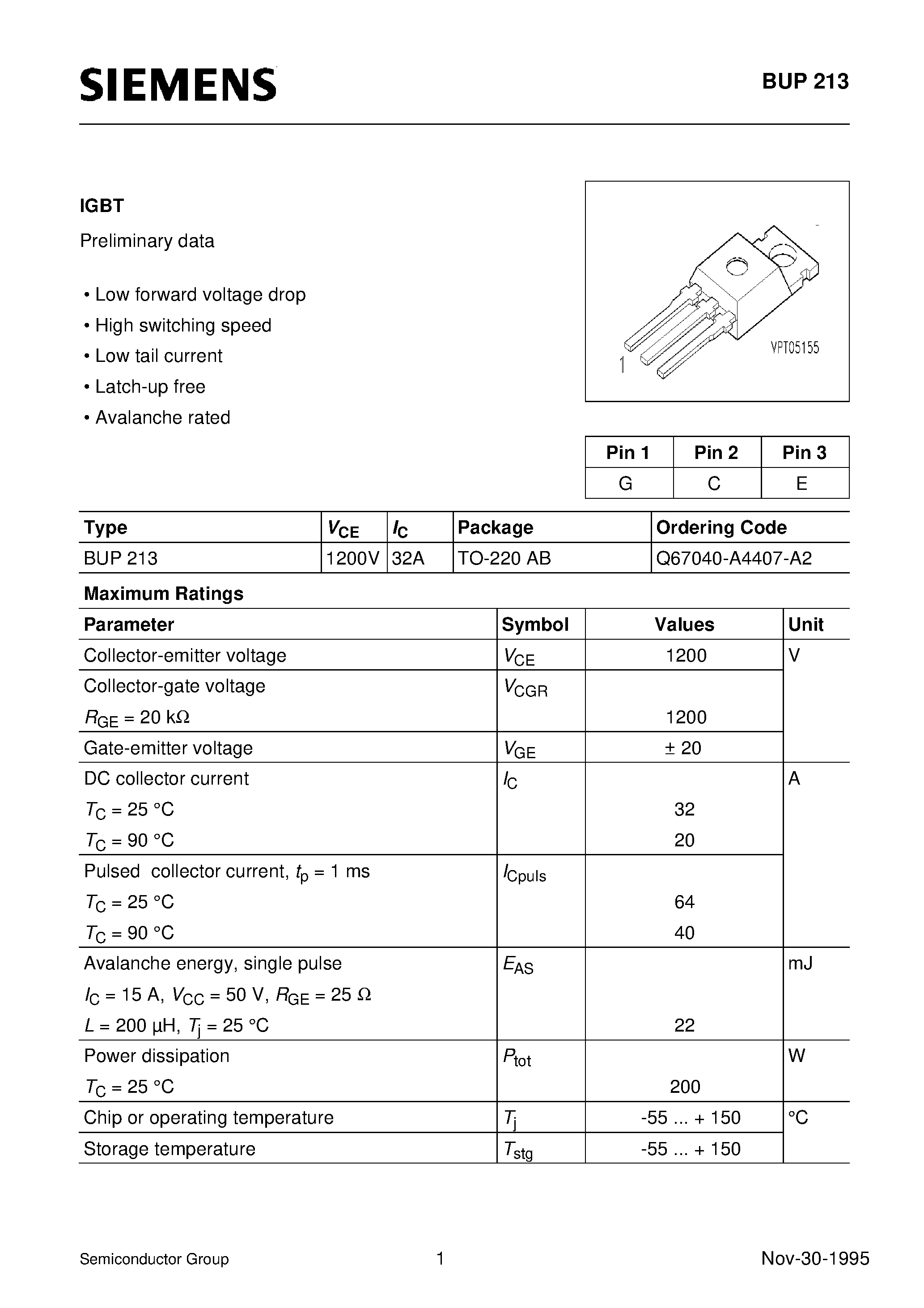 Даташит на микросхему BUP213 страница 1 Даташит BUP213 - IGBT (Low forward voltage drop High switching speed Low tail current Latch-up free Avalanche rated) страница 1