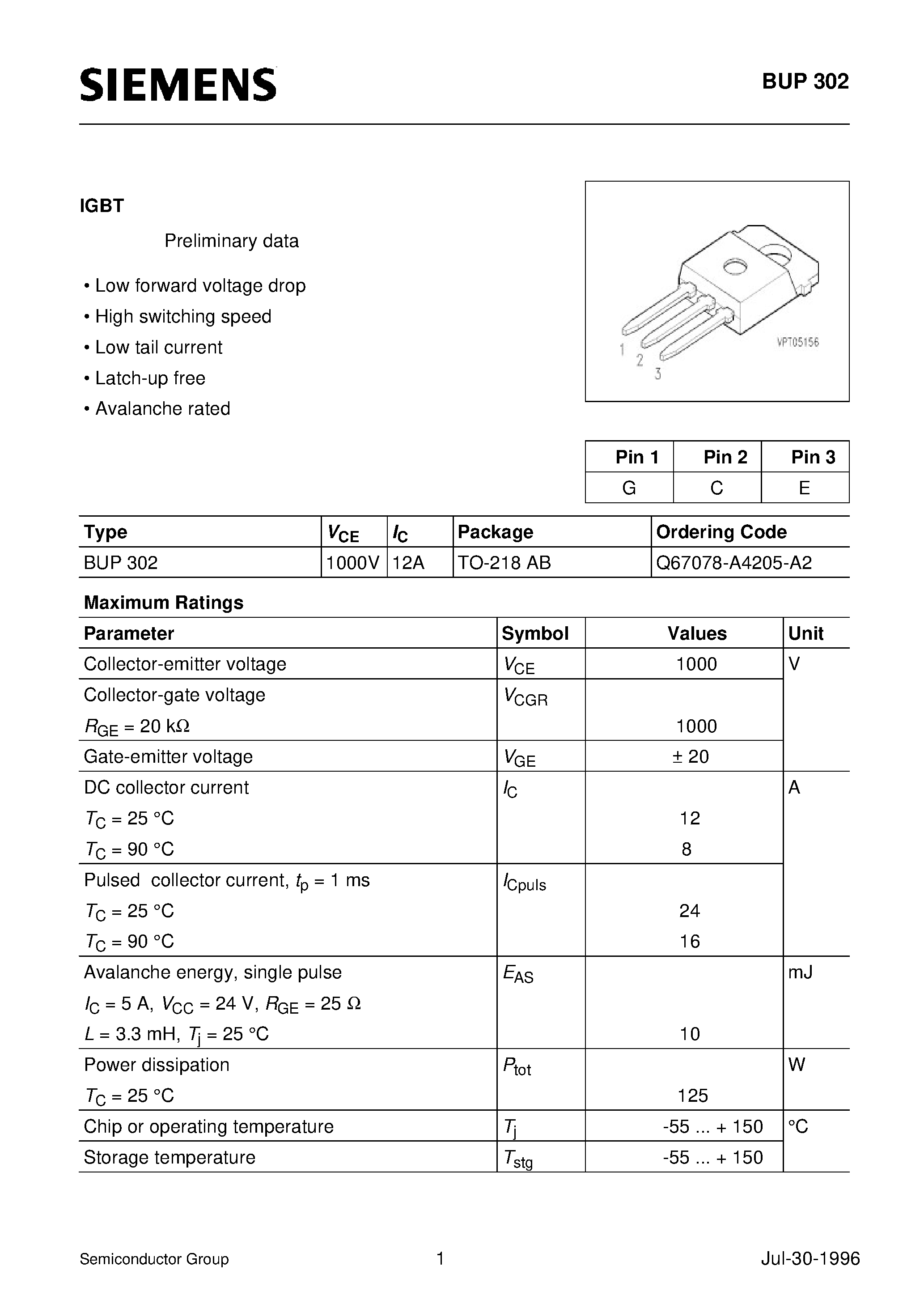 Даташит на микросхему BUP302 страница 1 Даташит BUP302 - IGBT (Low forward voltage drop High switching speed Low tail current Latch-up free Avalanche rated) страница 1