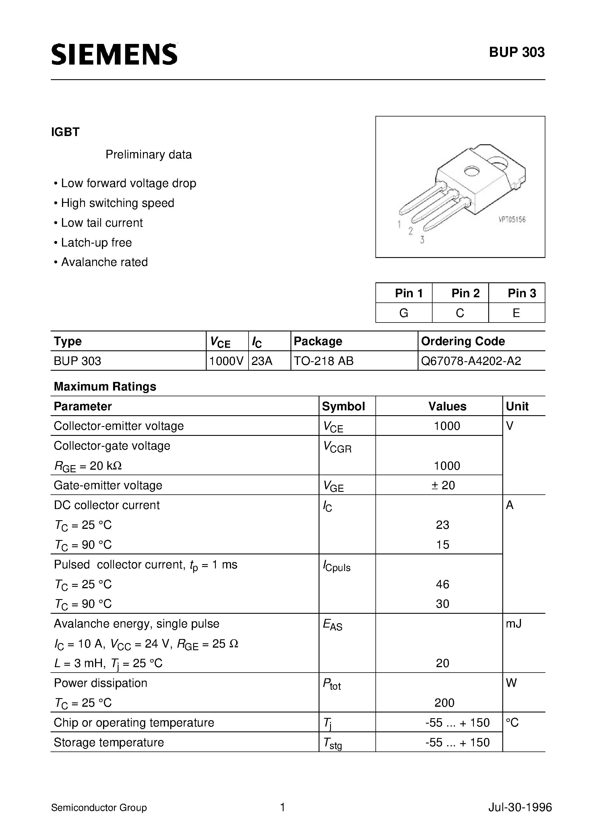 Даташит на микросхему BUP303 страница 1 Даташит BUP303 - IGBT (Low forward voltage drop High switching speed Low tail current Latch-up free Avalanche rated) страница 1