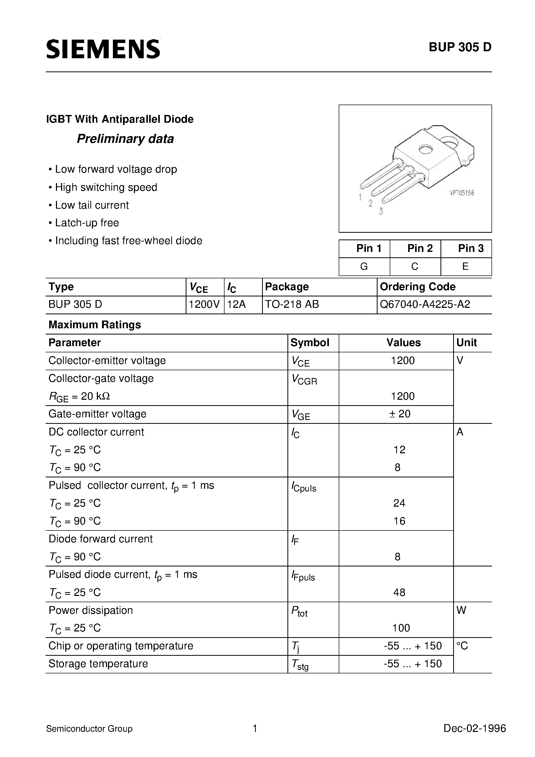 Datasheet BUP305D page 1 Datasheet BUP305D - IGBT With Antiparallel Diode (Low forward voltage drop High switching speed Low tail current Latch-up free Including fast free-wheel diode) page 1