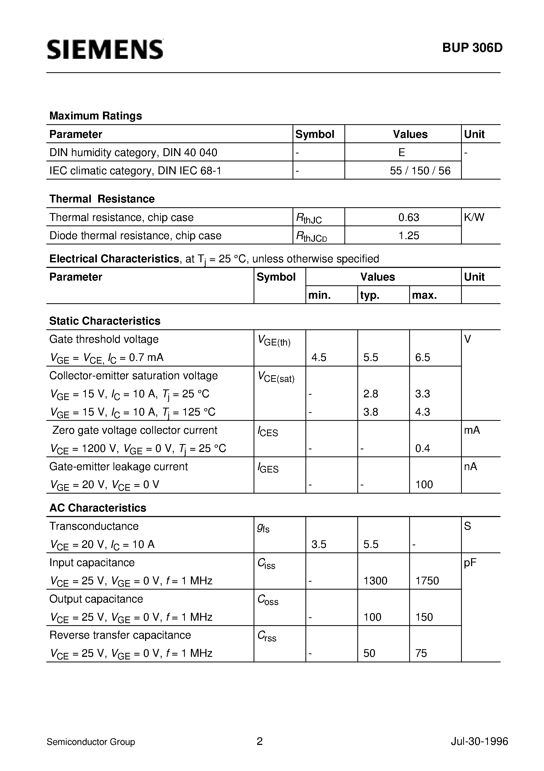 Datasheet BUP306D - IGBT With Antiparallel Diode (Low forward voltage drop High switching speed Low tail current Latch-up free Including fast free-wheel diode) page 2