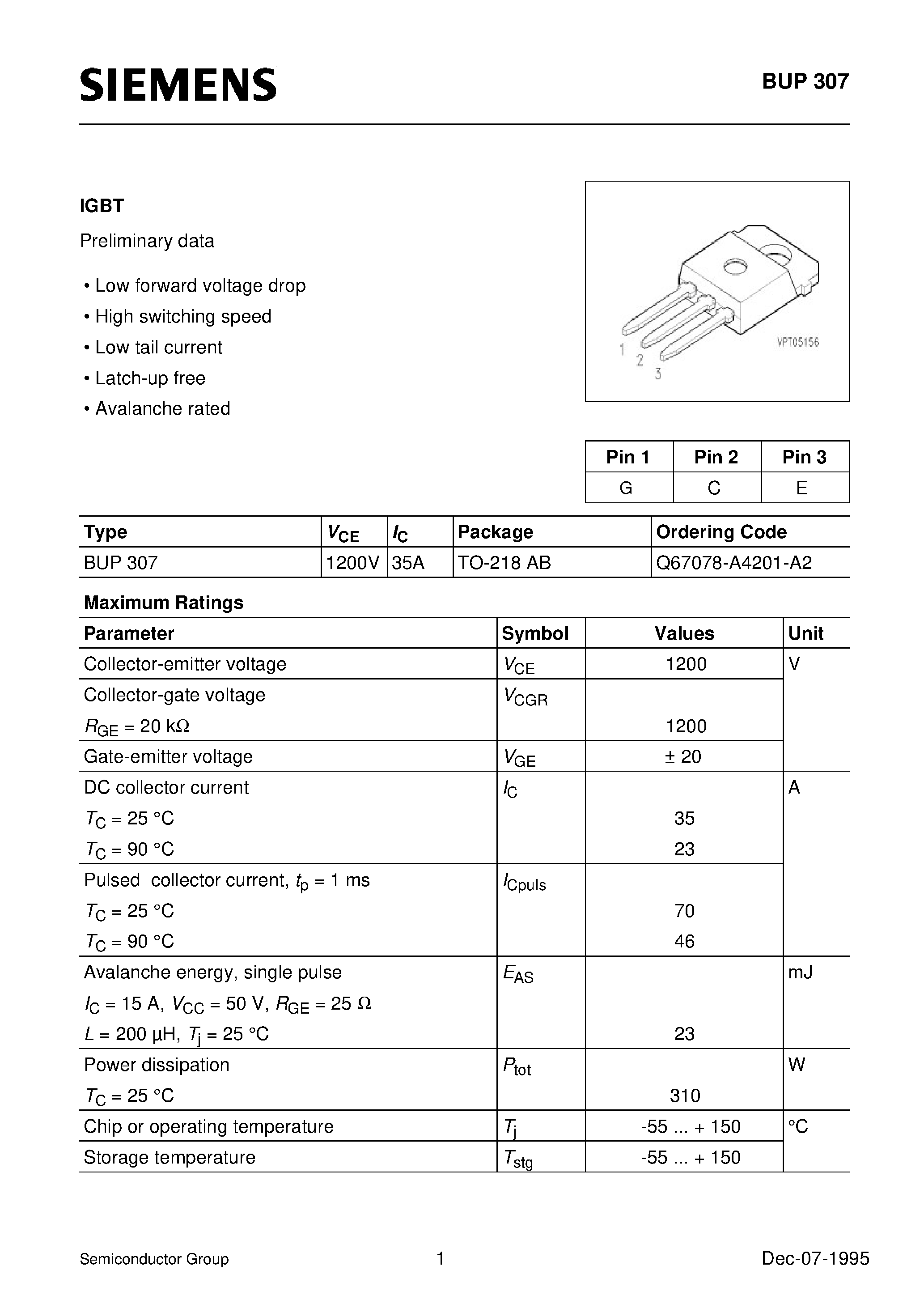 Даташит BUP307 - IGBT (Low forward voltage drop High switching speed Low tail current Latch-up free Avalanche rated) страница 1
