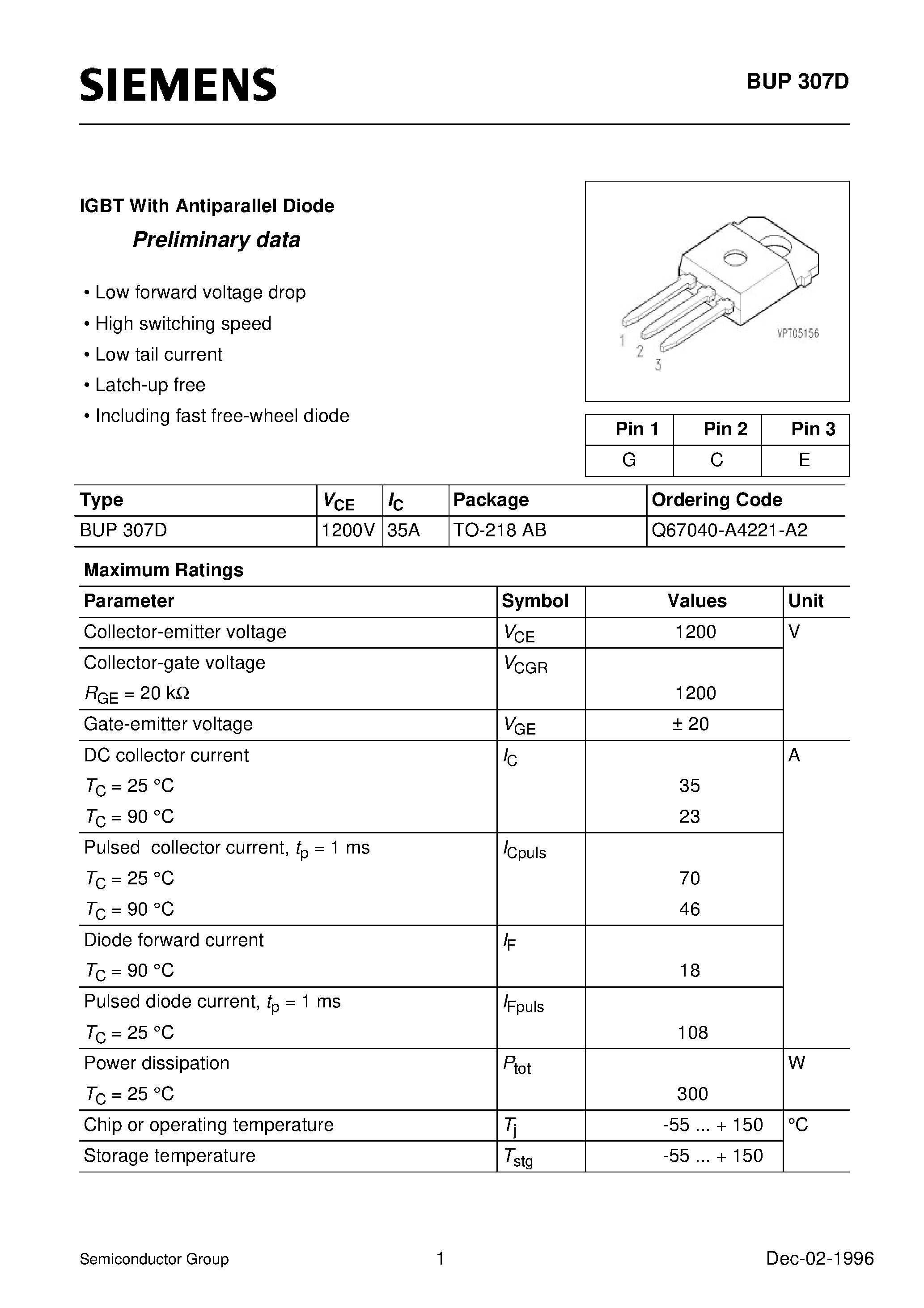 Datasheet BUP307D - IGBT With Antiparallel Diode (Low forward voltage drop High switching speed Low tail current Latch-up free Including fast free-wheel diode) page 1