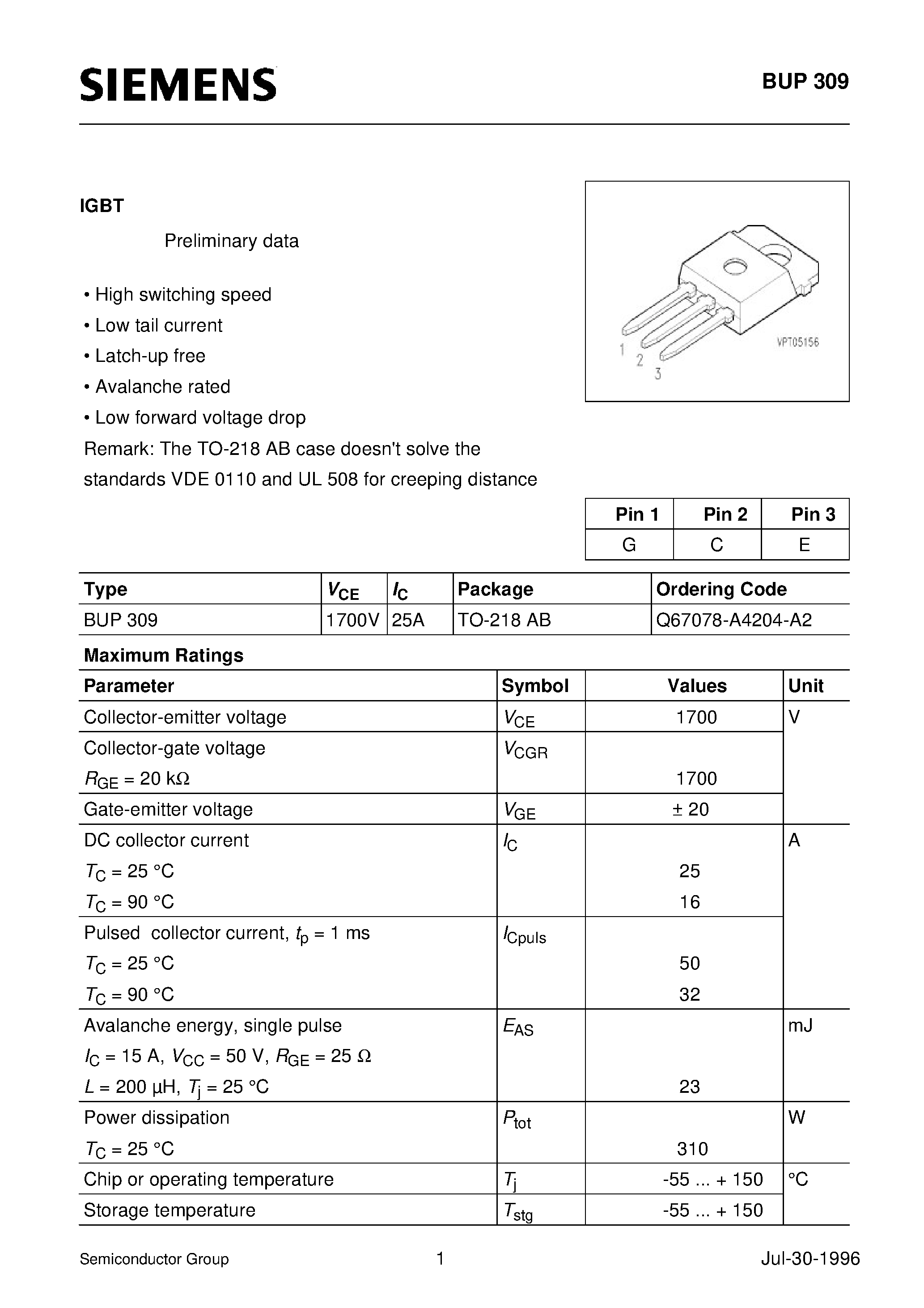 Даташит BUP309 - IGBT (High switching speed Low tail current Latch-up free Avalanche rated) страница 1