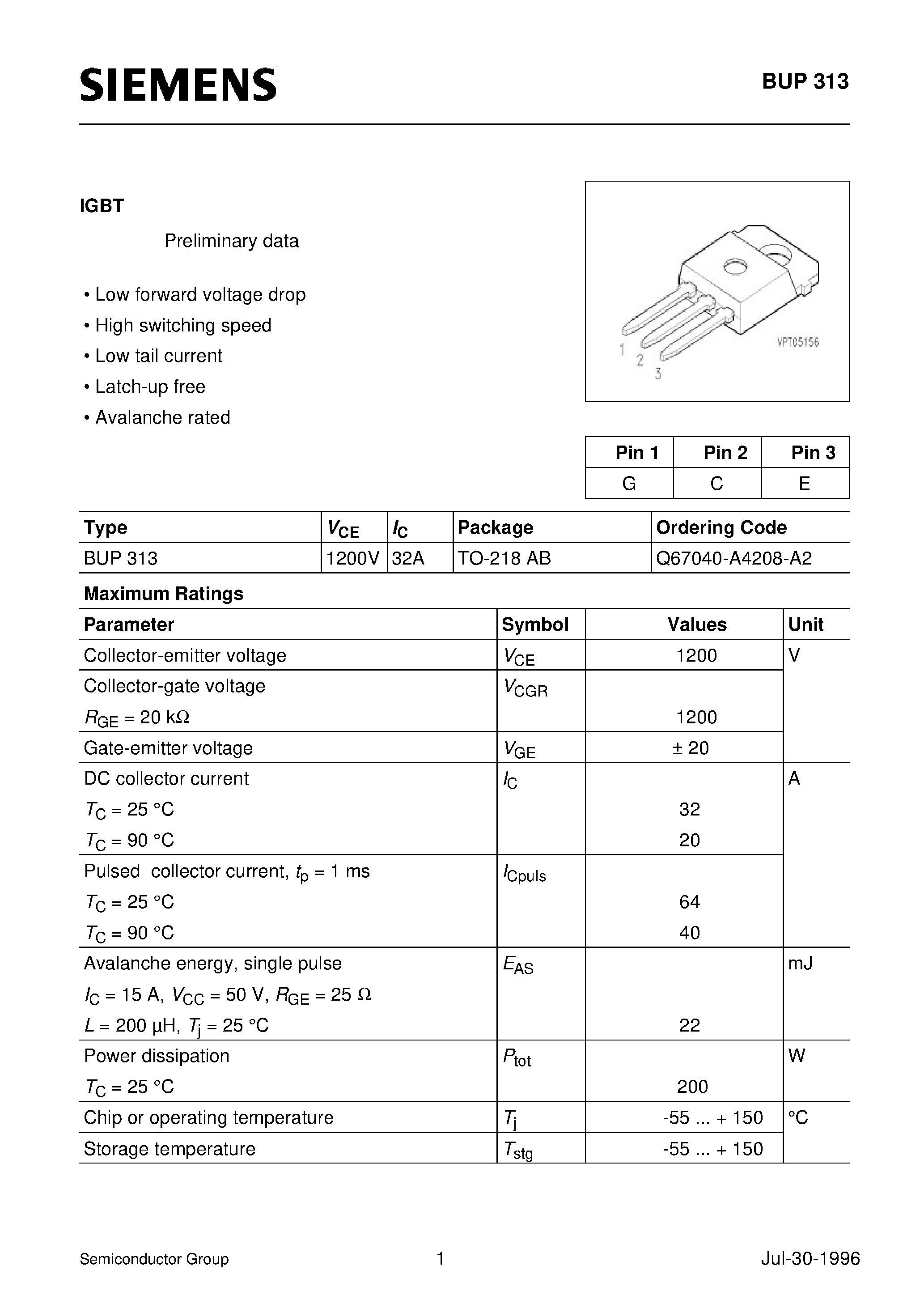 Даташит на микросхему BUP313 страница 1 Даташит BUP313 - IGBT (Low forward voltage drop High switching speed Low tail current Latch-up free Avalanche rated) страница 1