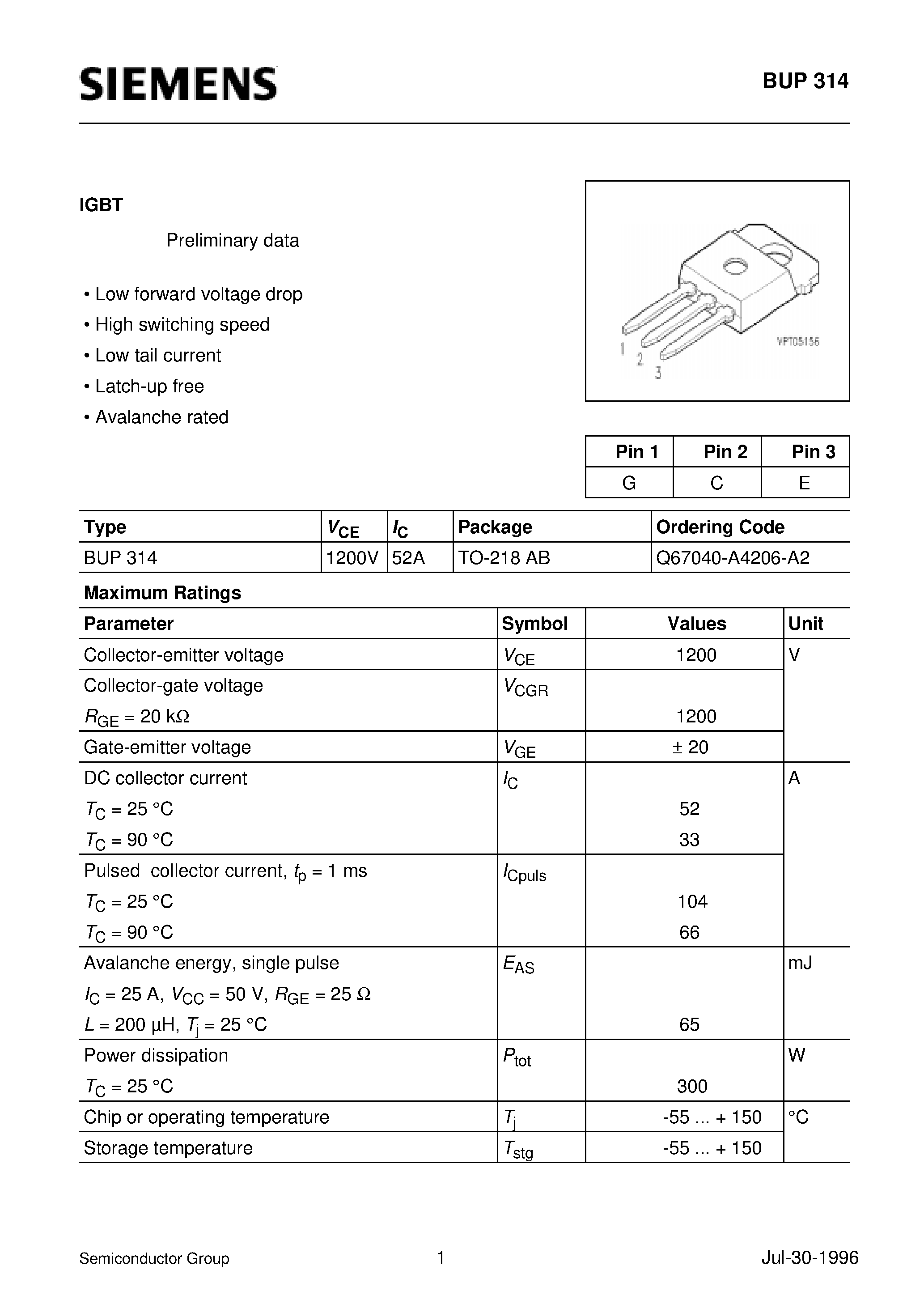 Даташит на микросхему BUP314 страница 1 Даташит BUP314 - IGBT (Low forward voltage drop High switching speed Low tail current Latch-up free Avalanche rated) страница 1