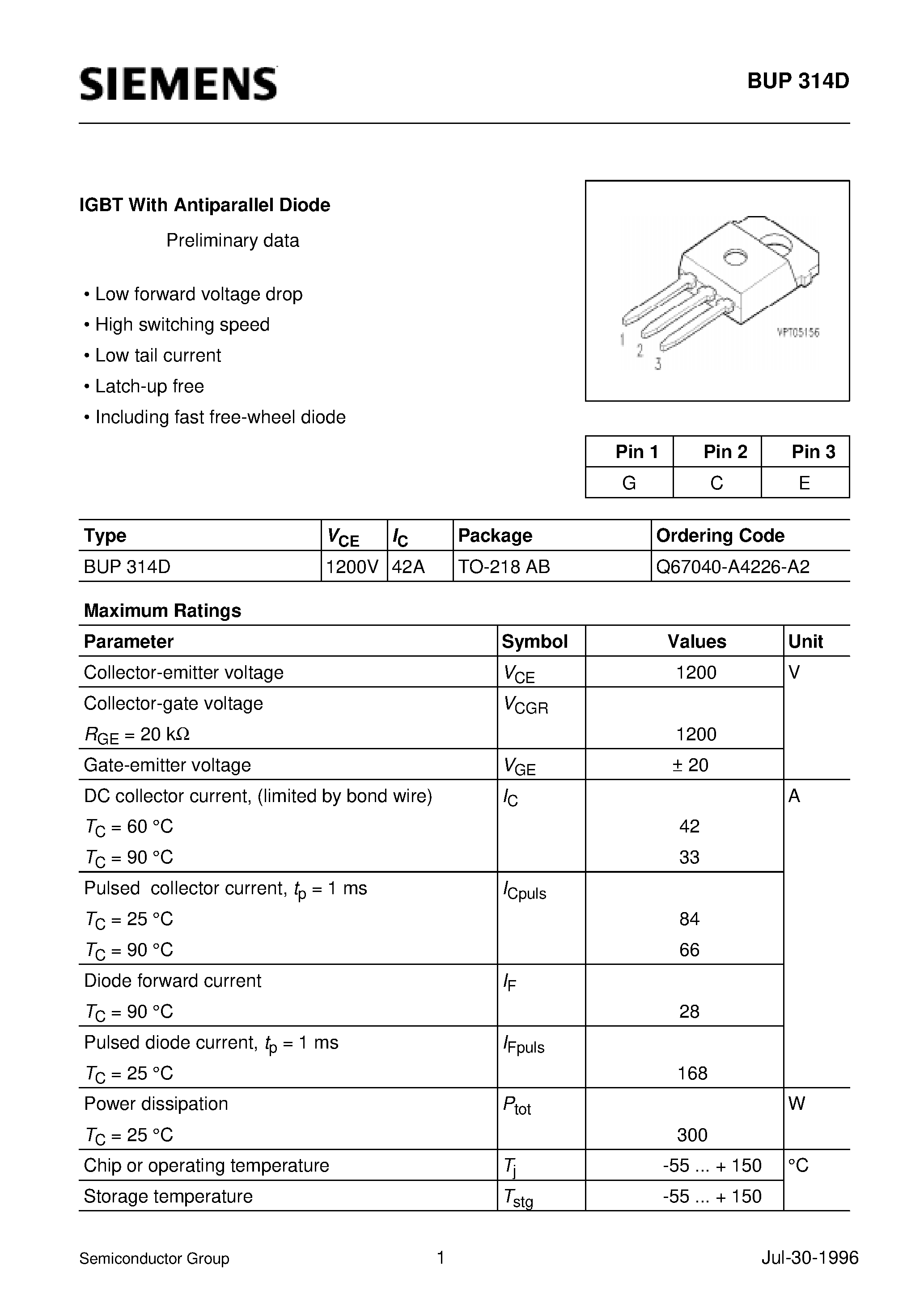 Datasheet BUP314D - IGBT With Antiparallel Diode (Low forward voltage drop High switching speed Low tail current Latch-up free Including fast free-wheel diode) page 1