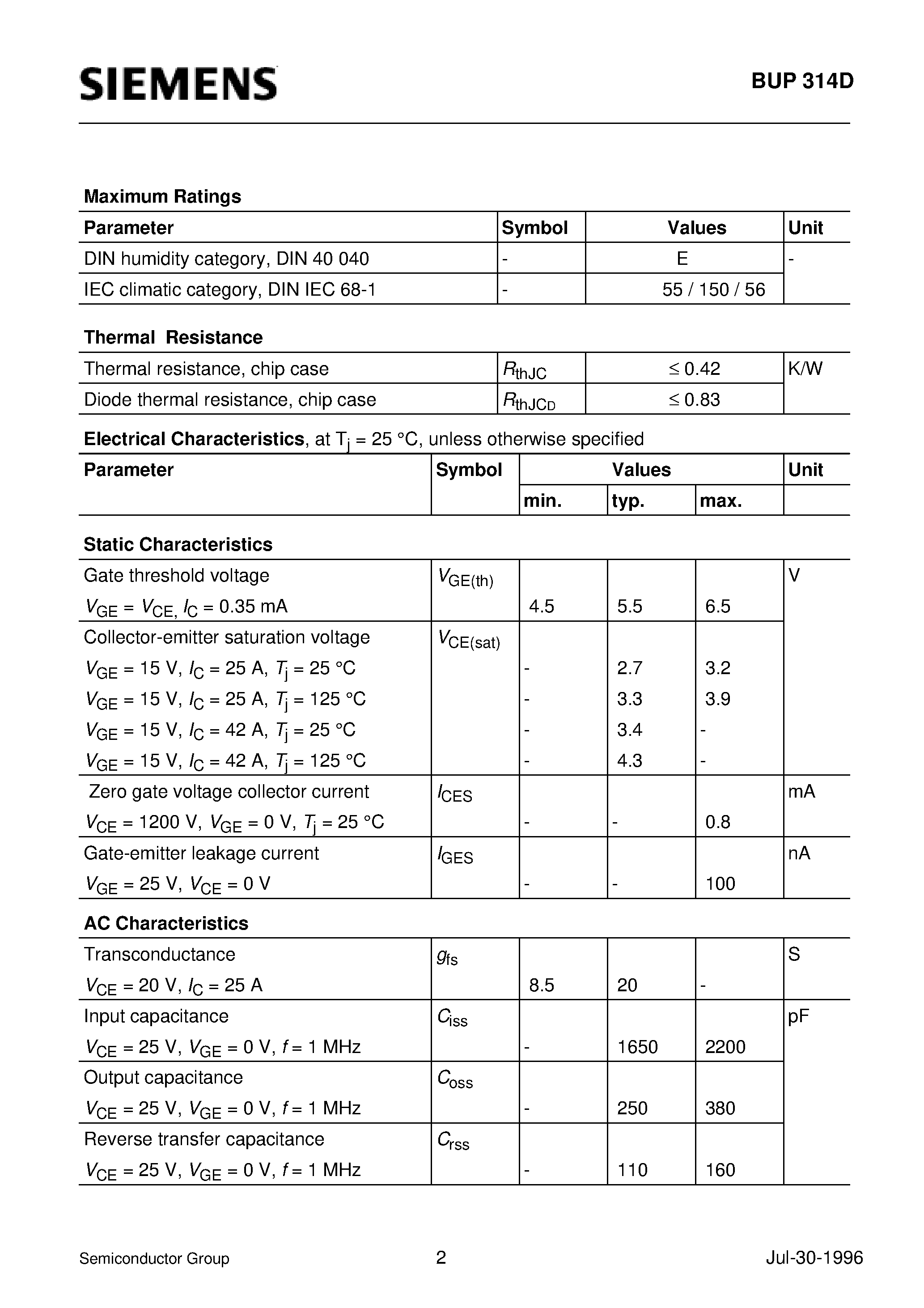 Datasheet BUP314D - IGBT With Antiparallel Diode (Low forward voltage drop High switching speed Low tail current Latch-up free Including fast free-wheel diode) page 2