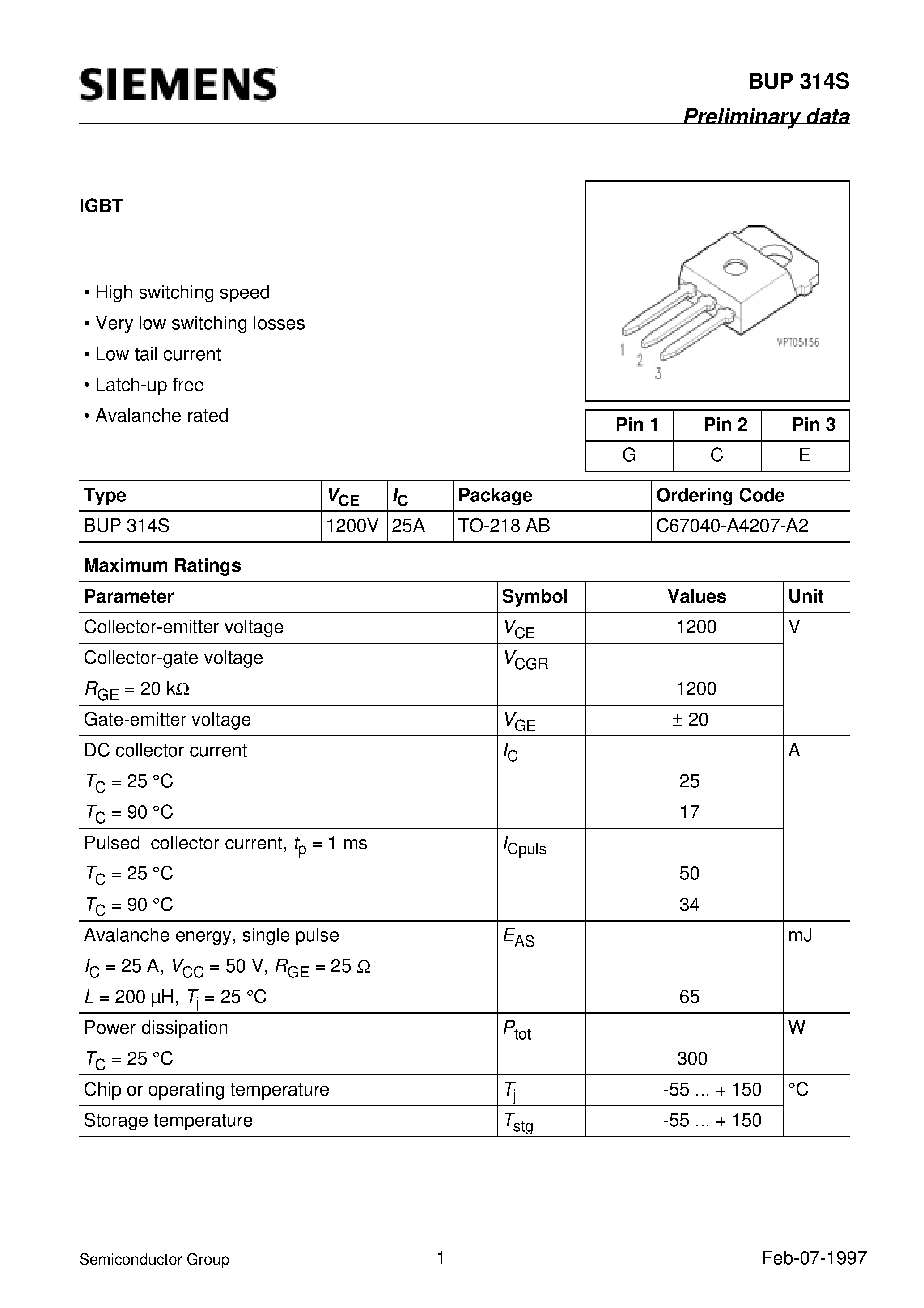 Даташит на микросхему BUP314S страница 1 Даташит BUP314S - IGBT (High switching speed Very low switching losses Low tail current Latch-up free Avalanche rated) страница 1
