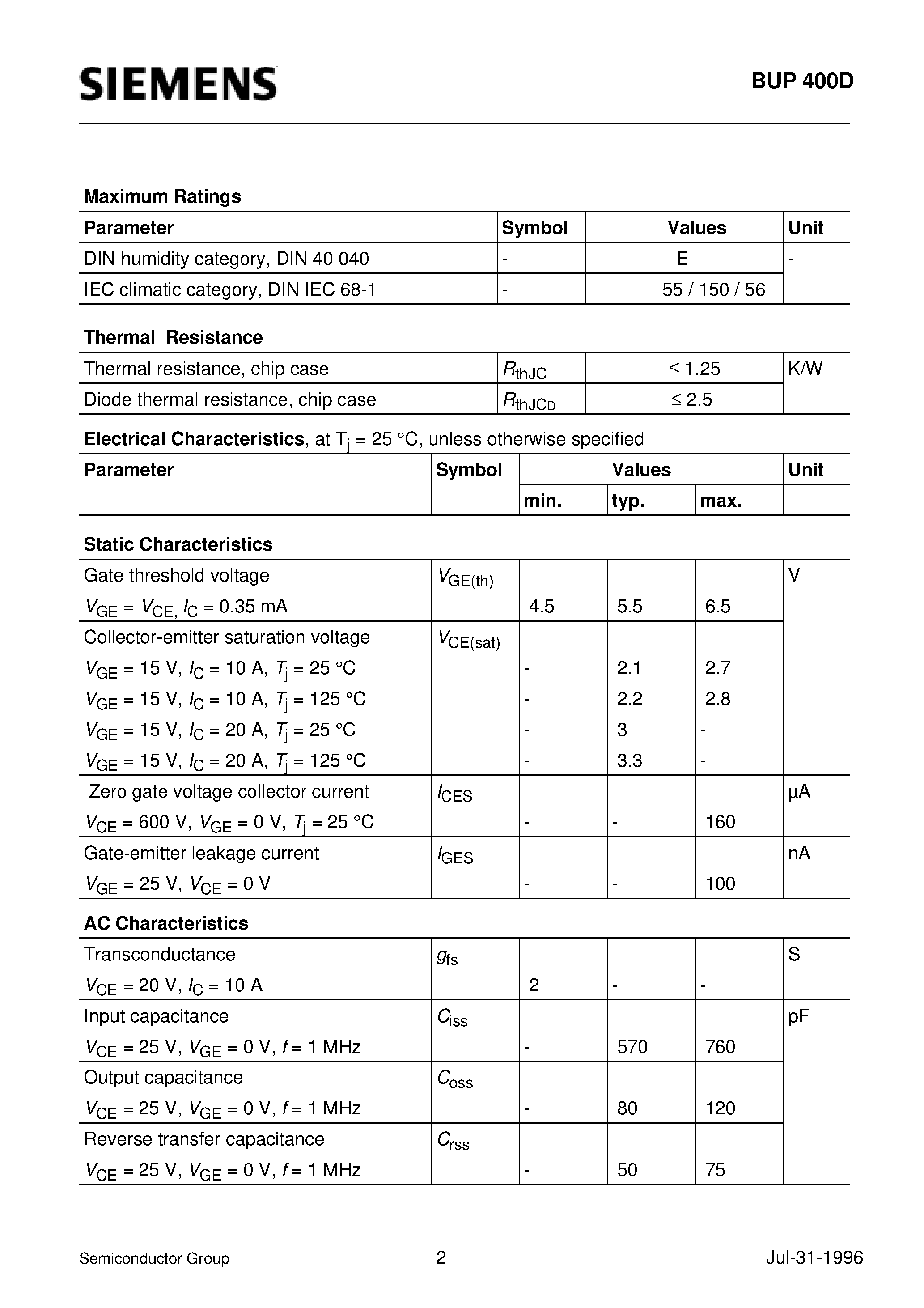 Datasheet BUP400D - IGBT With Antiparallel Diode (Low forward voltage drop High switching speed Low tail current Latch-up free Including fast free-wheel diode) page 2