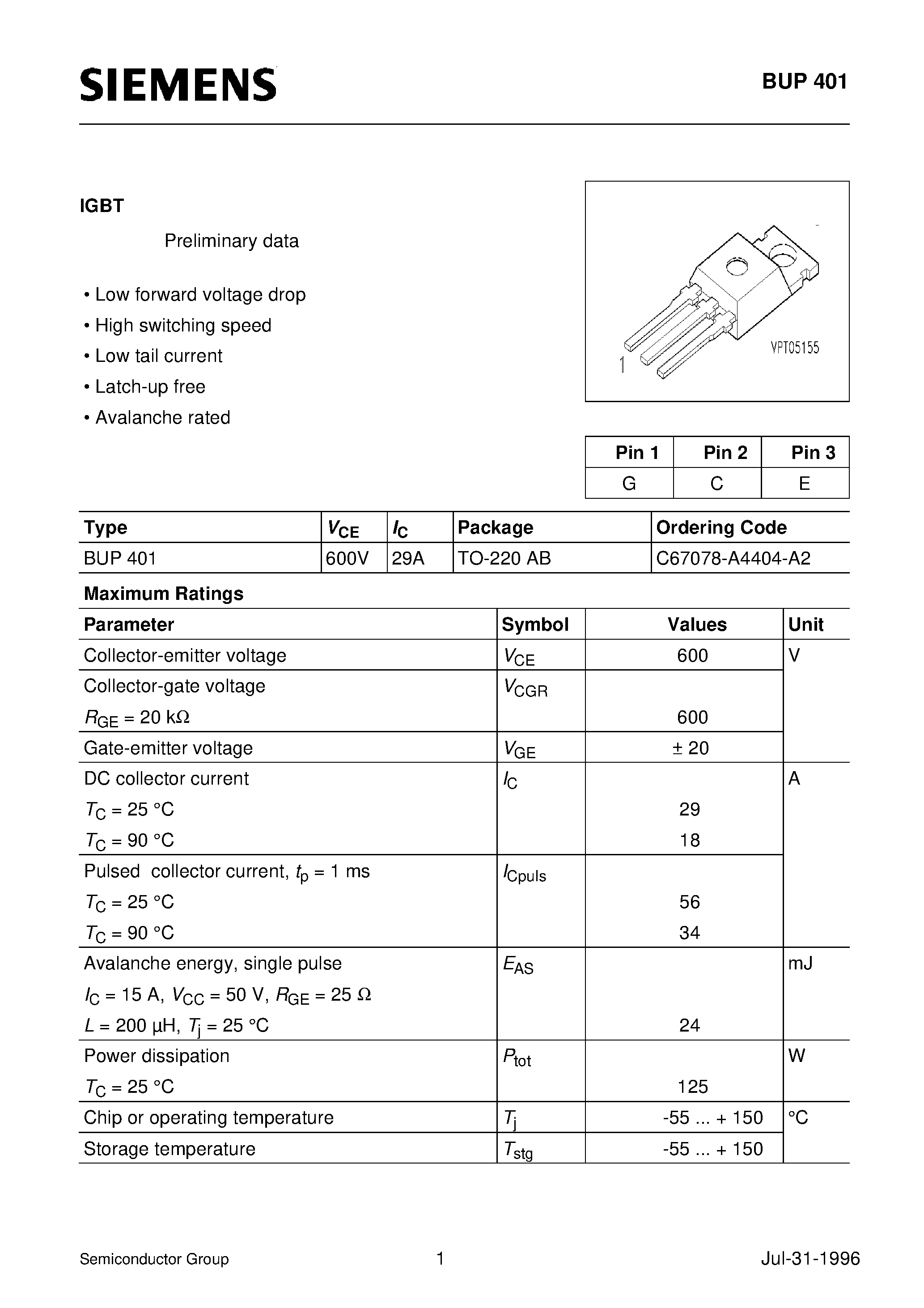 Даташит BUP401 - IGBT (Low forward voltage drop High switching speed Low tail current Latch-up free Avalanche rated) страница 1