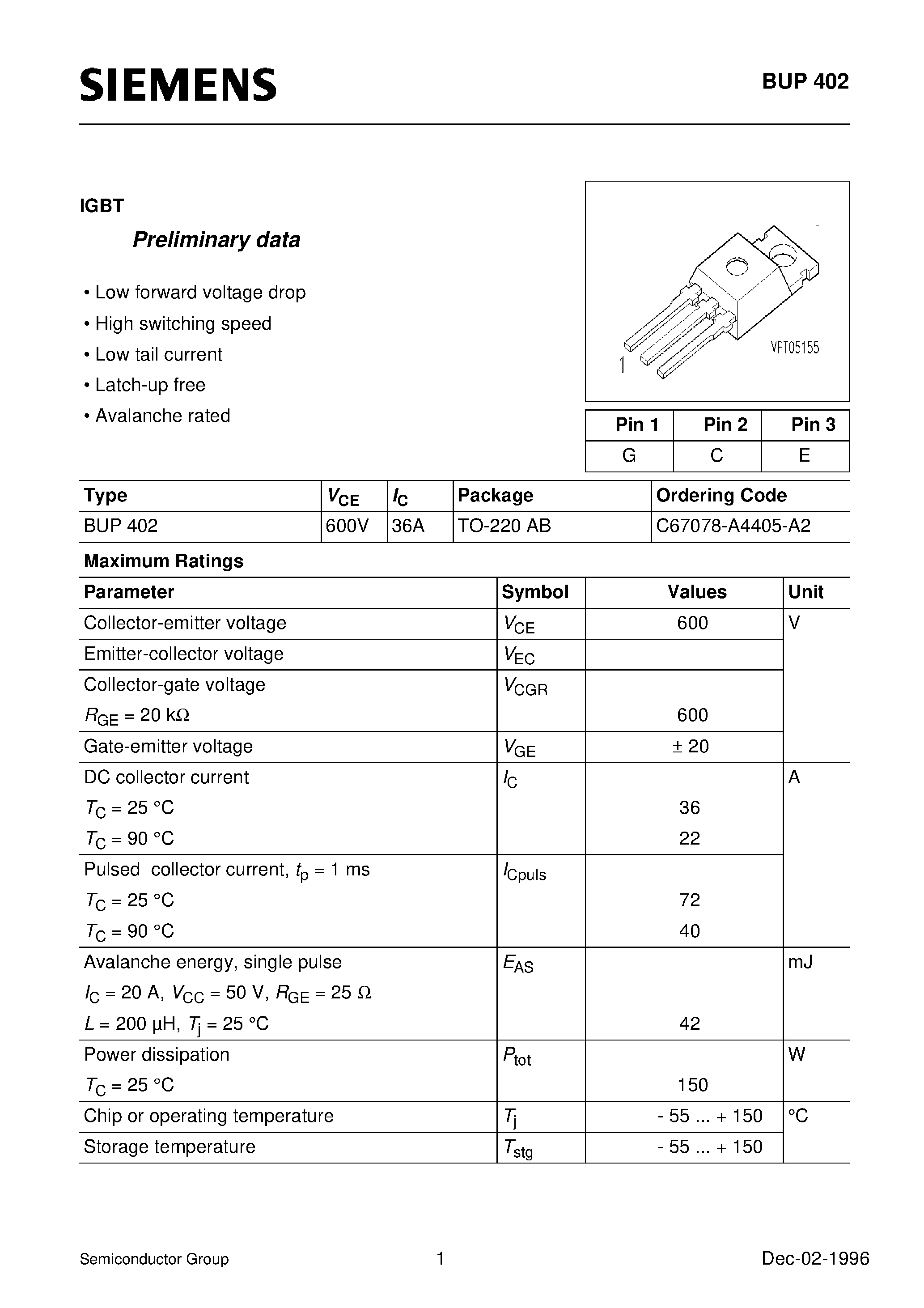 Даташит на микросхему BUP402 страница 1 Даташит BUP402 - IGBT (Low forward voltage drop High switching speed Low tail current Latch-up free Avalanche rated) страница 1