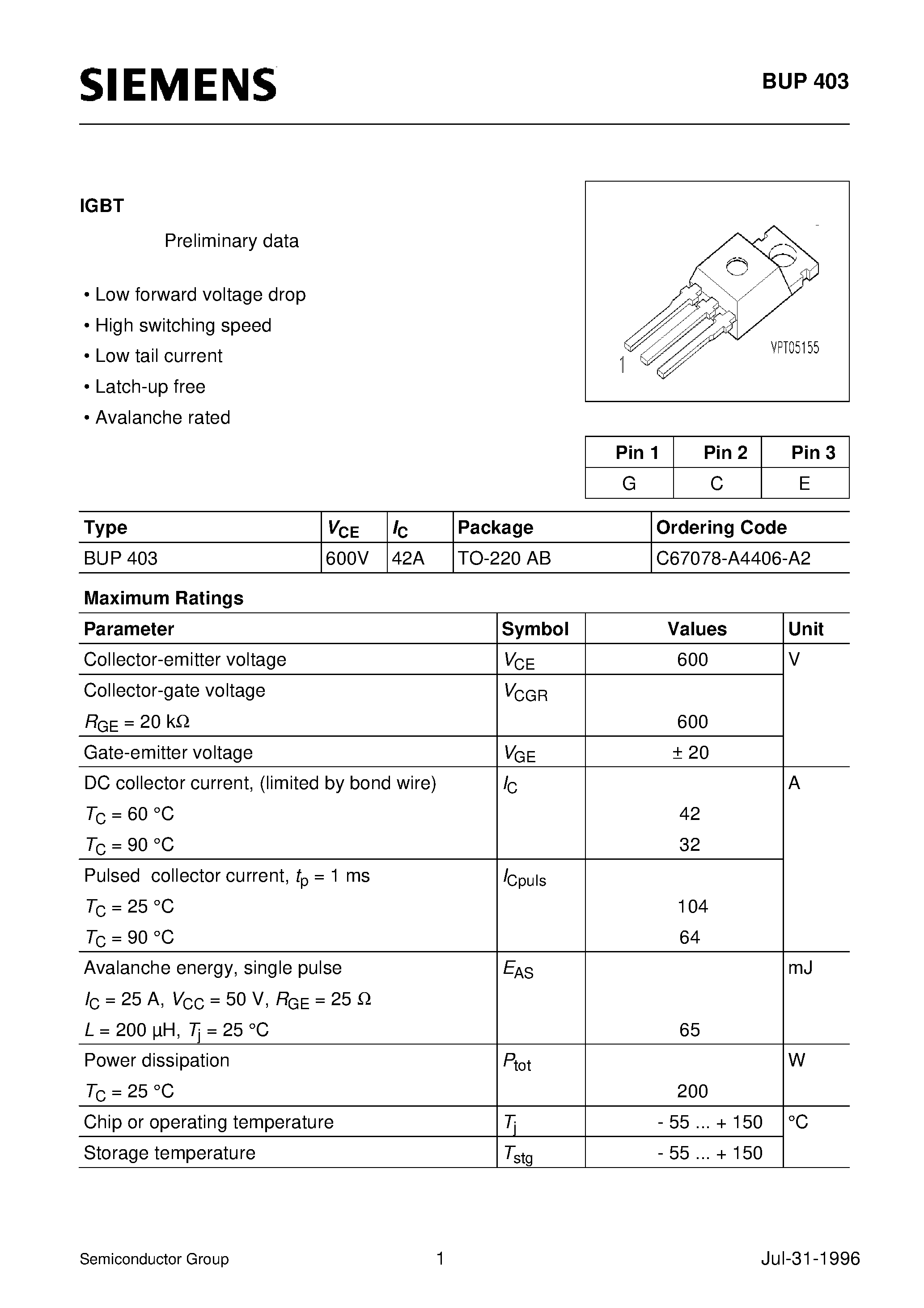 Даташит на микросхему BUP403 страница 1 Даташит BUP403 - IGBT (Low forward voltage drop High switching speed Low tail current Latch-up free Avalanche rated) страница 1