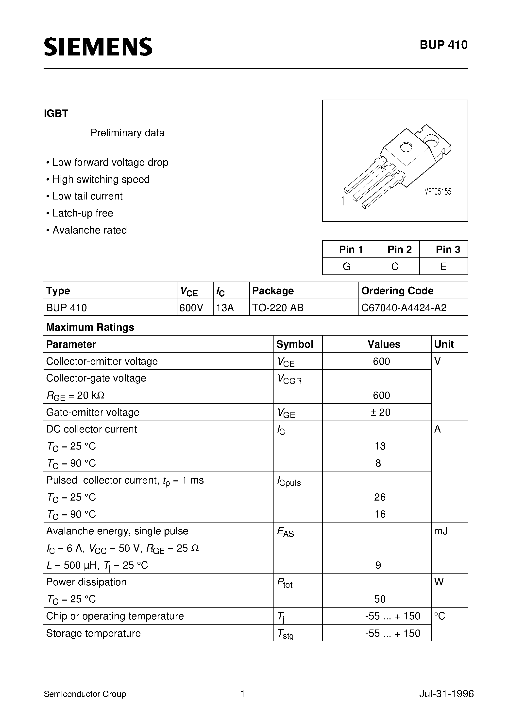 Даташит на микросхему BUP410 страница 1 Даташит BUP410 - IGBT (Low forward voltage drop High switching speed Low tail current Latch-up free Avalanche rated страница 1