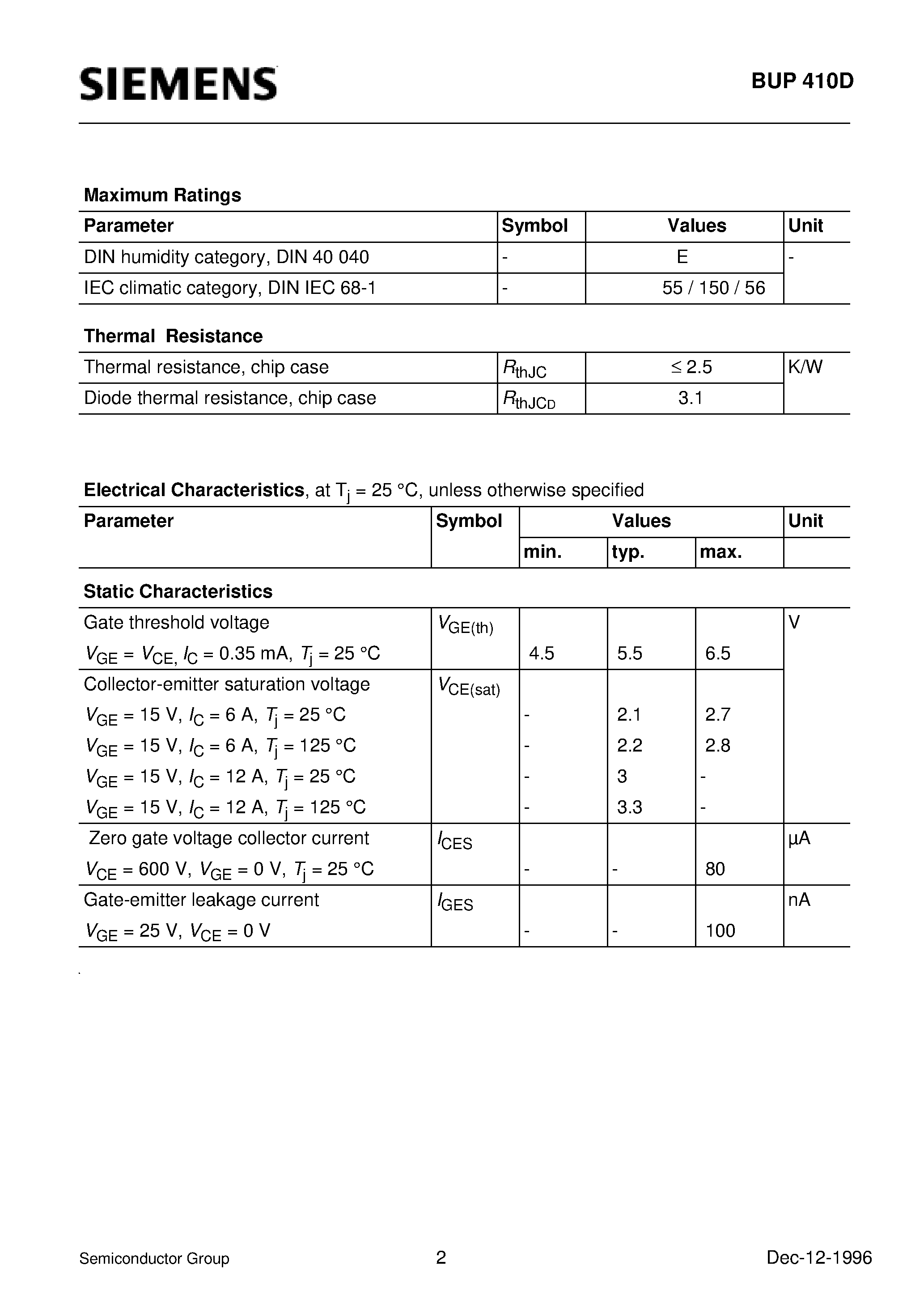 Datasheet BUP410D page 2 Datasheet BUP410D - IGBT With Antiparallel Diode (Low forward voltage drop High switching speed Low tail current Latch-up free Including fast free-wheel diode) page 2