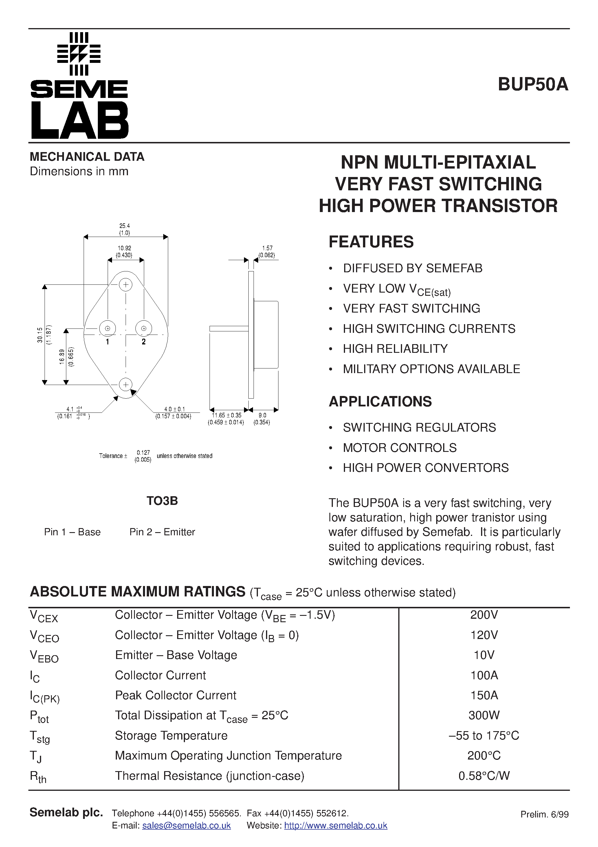 Даташит на микросхему BUP50A страница 1 Даташит BUP50A - NPN MULTI-EPITAXIAL VERY FAST SWITCHING HIGH POWER TRANSISTOR страница 1