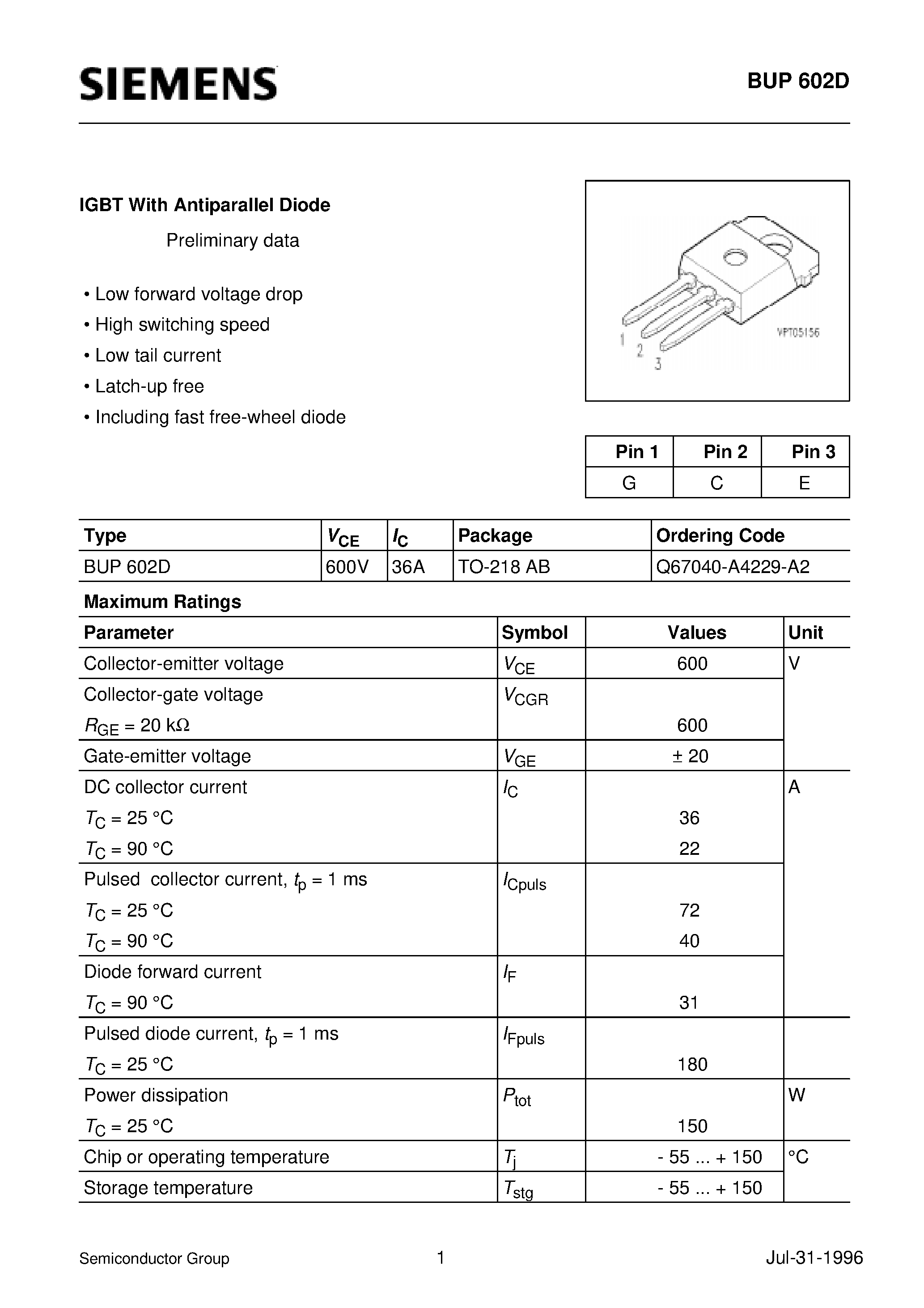 Datasheet BUP602D page 1 Datasheet BUP602D - IGBT With Antiparallel Diode (Low forward voltage drop High switching speed Low tail current Latch-up free Including fast free-wheel diode) page 1