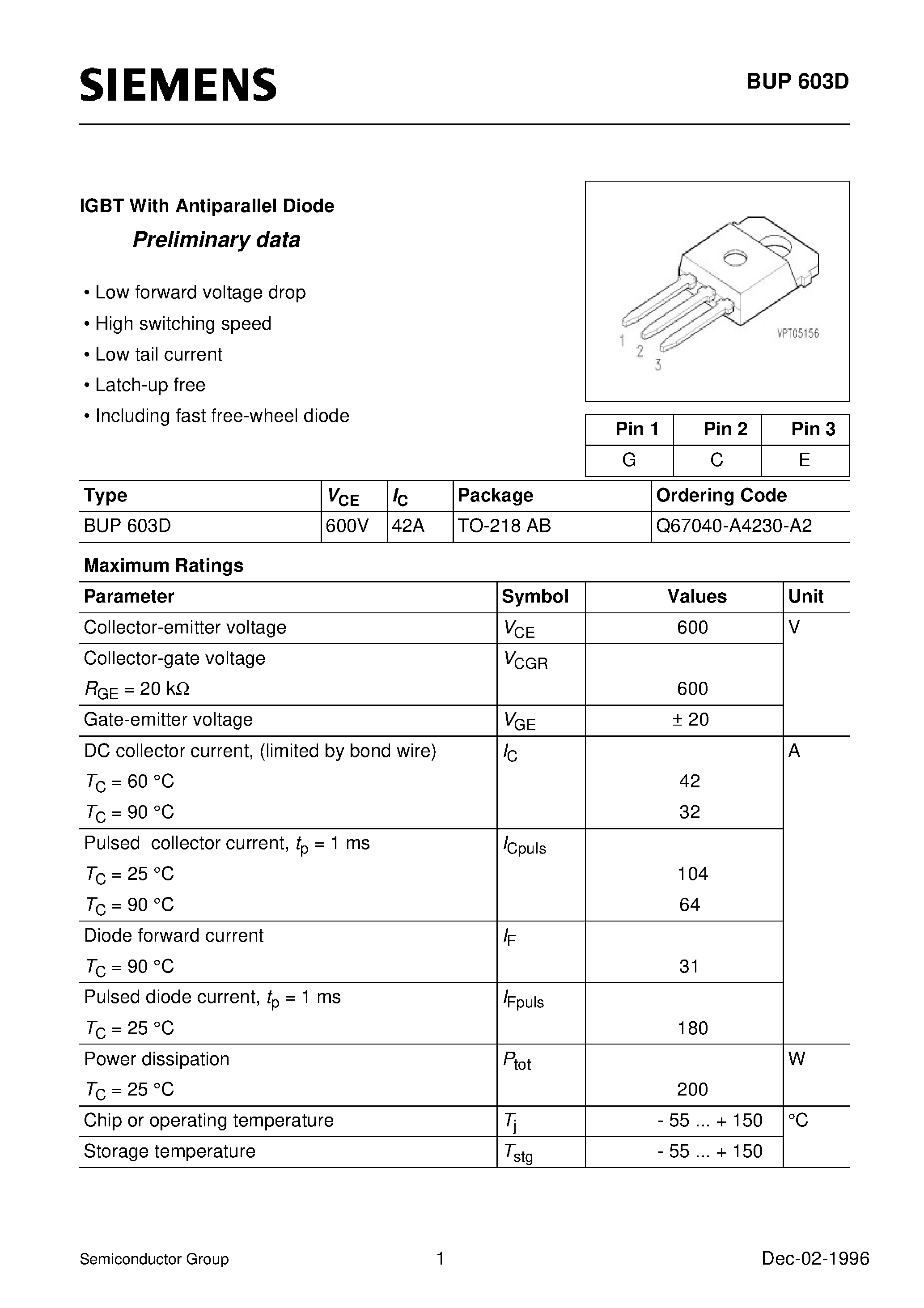 Datasheet BUP603D - IGBT With Antiparallel Diode (Low forward voltage drop High switching speed Low tail current Latch-up free Including fast free-wheel diode) page 1