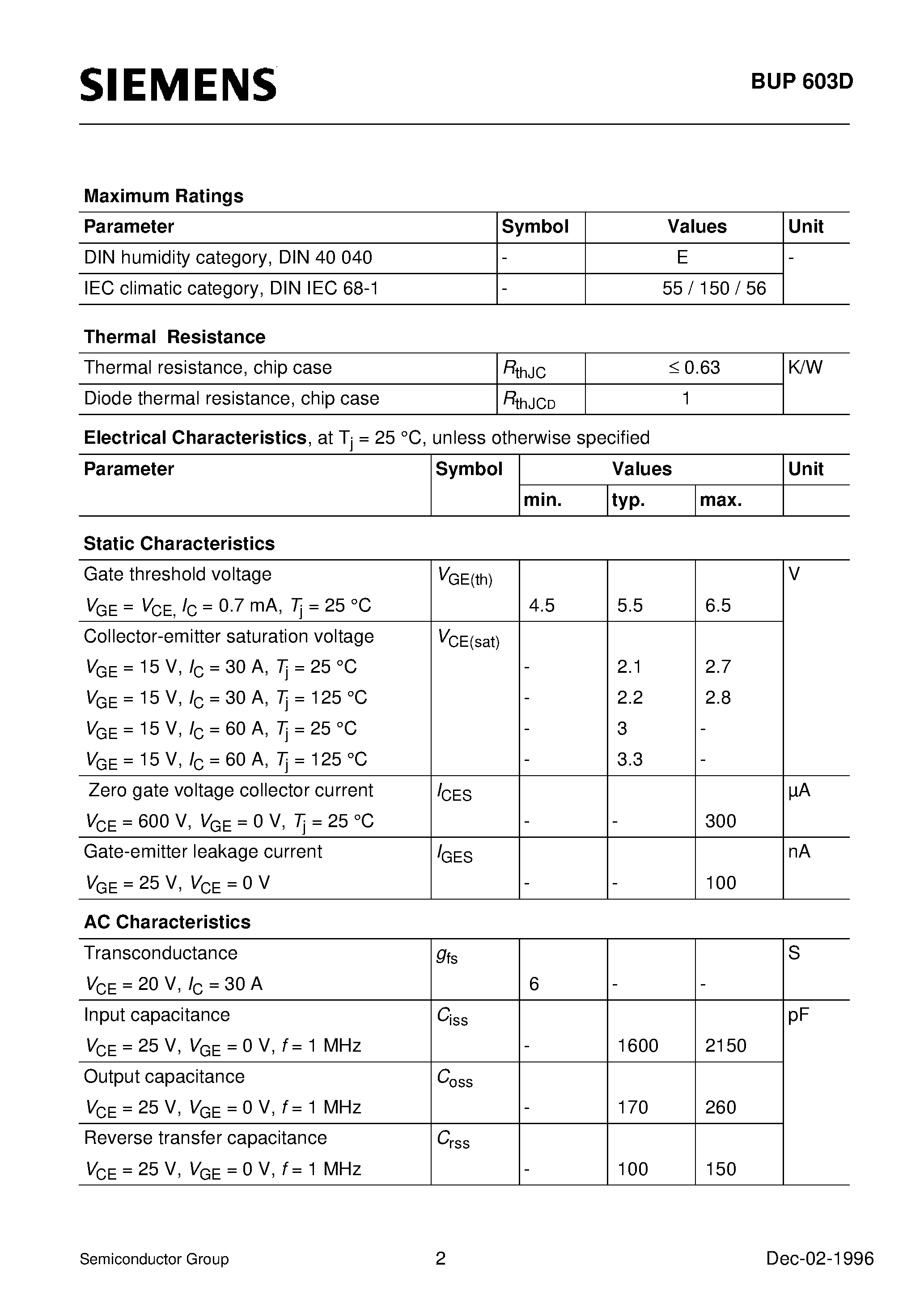 Datasheet BUP603D - IGBT With Antiparallel Diode (Low forward voltage drop High switching speed Low tail current Latch-up free Including fast free-wheel diode) page 2