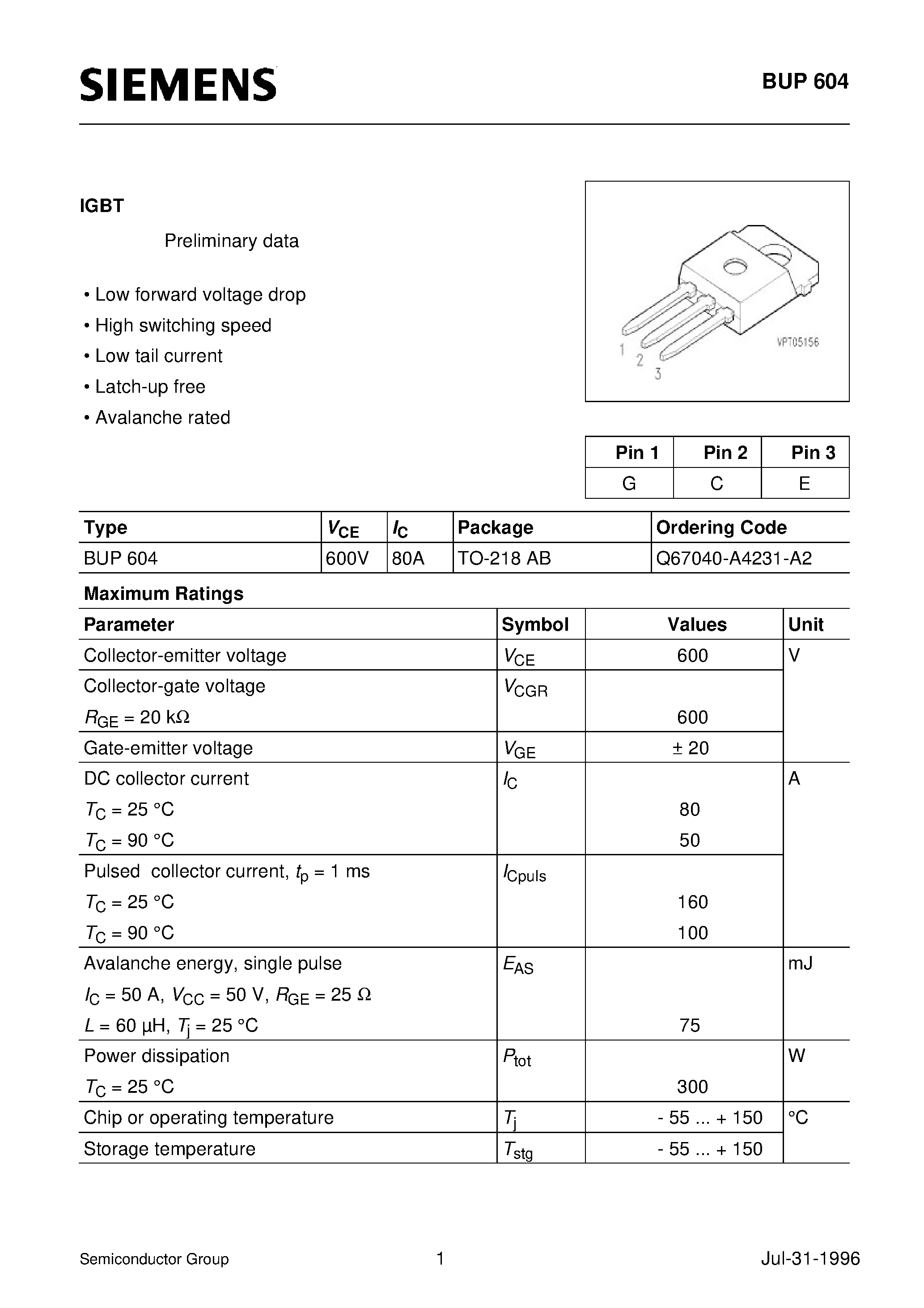 Даташит BUP604 - IGBT (Low forward voltage drop High switching speed Low tail current Latch-up free Avalanche rated) страница 1