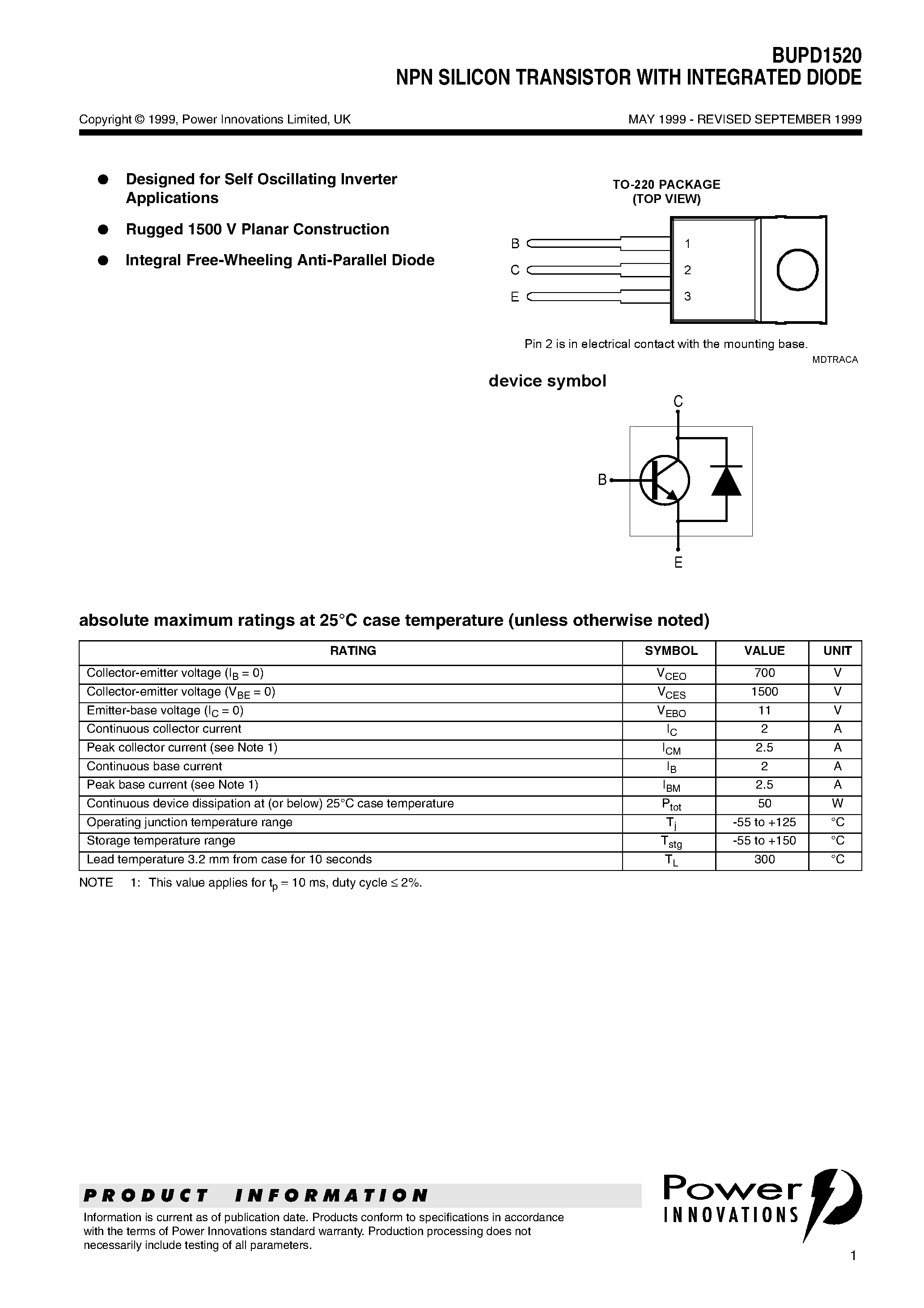 Datasheet BUPD1520 page 1 Datasheet BUPD1520 - NPN SILICON TRANSISTOR WITH INTEGRATED DIODE page 1