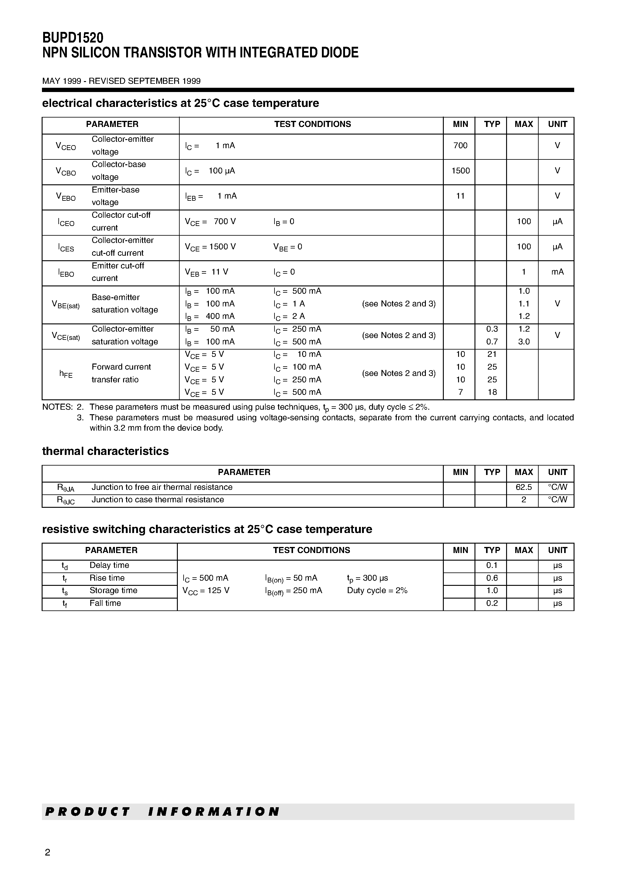 Datasheet BUPD1520 page 2 Datasheet BUPD1520 - NPN SILICON TRANSISTOR WITH INTEGRATED DIODE page 2