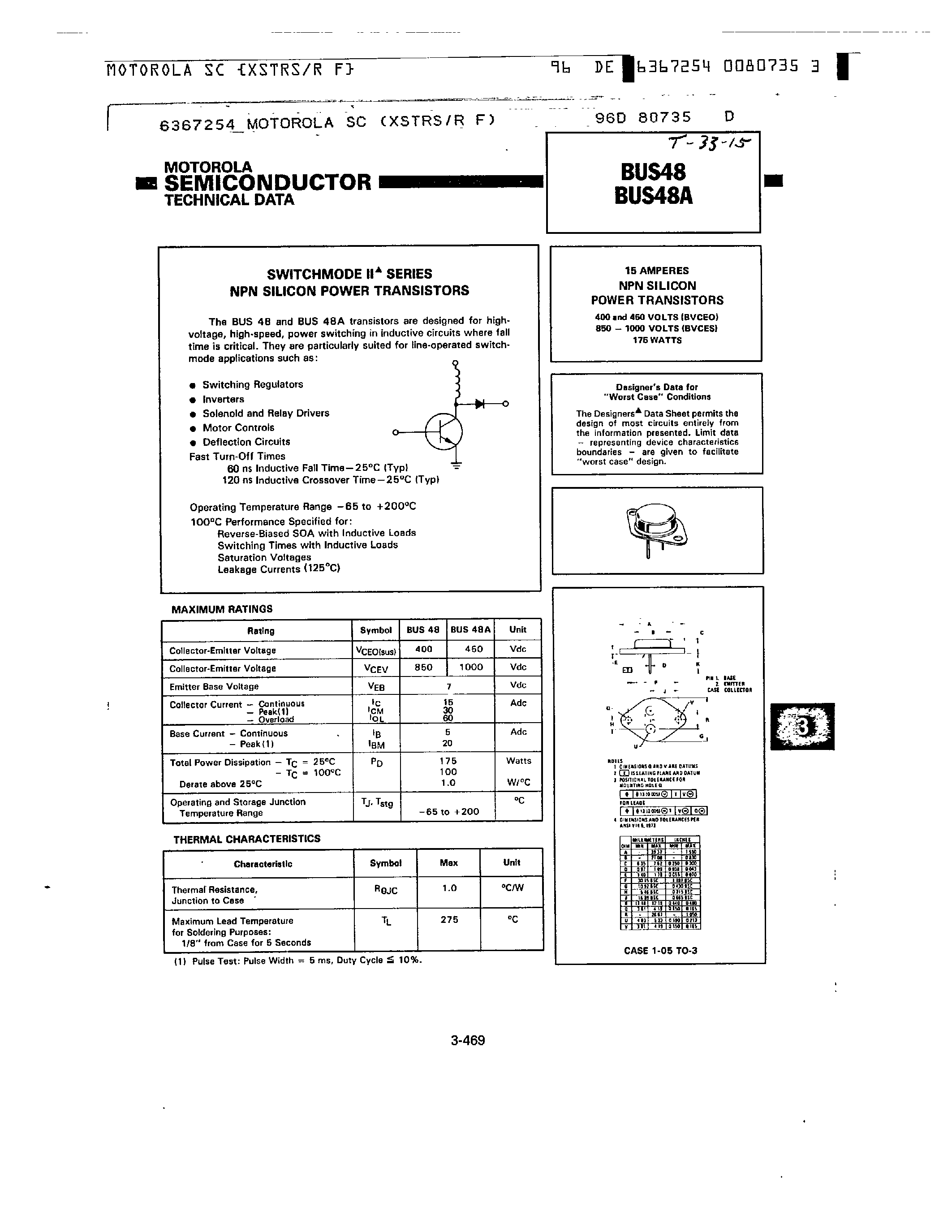 Даташит BUS48 - NPN SILICON POWER TRANSISTORS страница 1