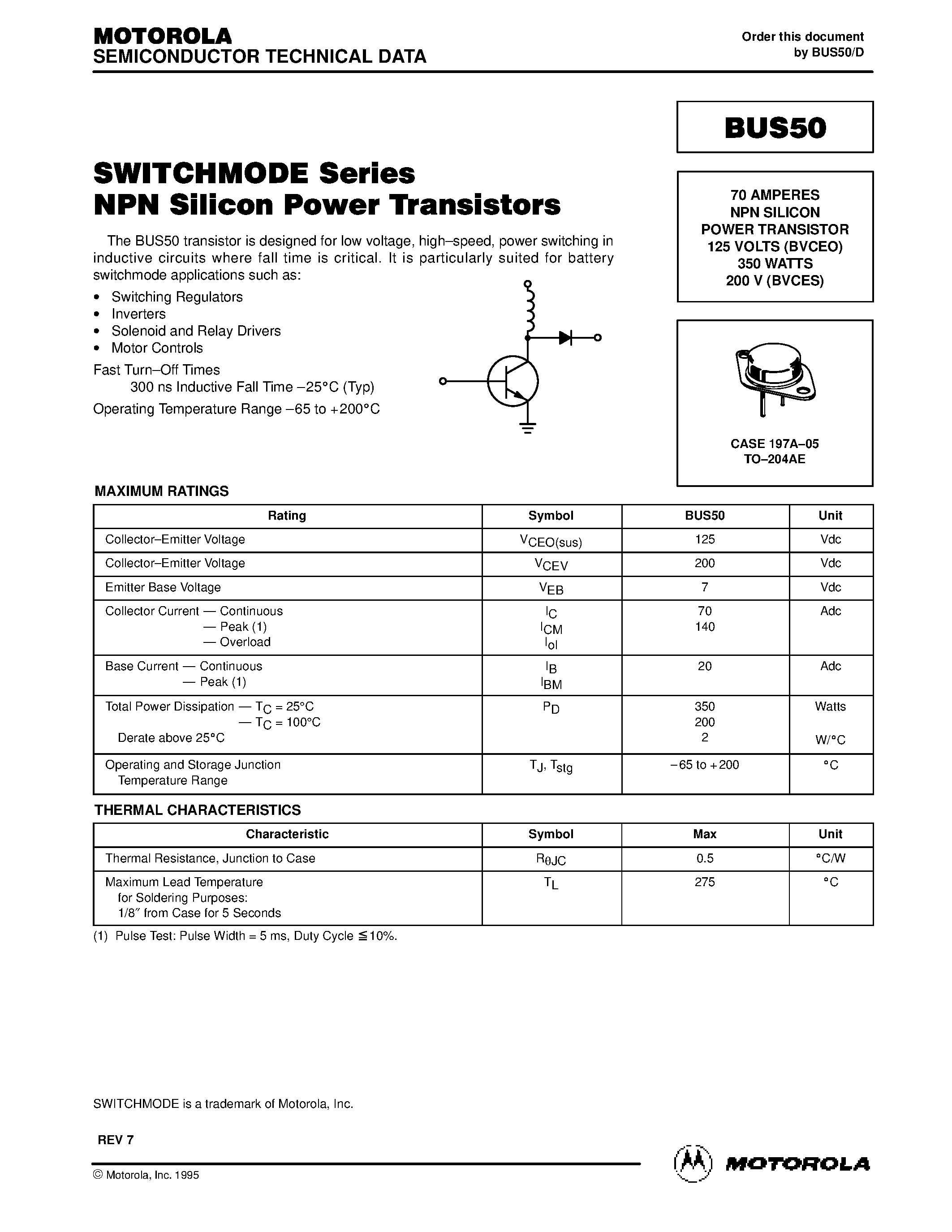 Даташит BUS50 - SWITCHMODE Series NPN Silicon Power Transistors страница 1