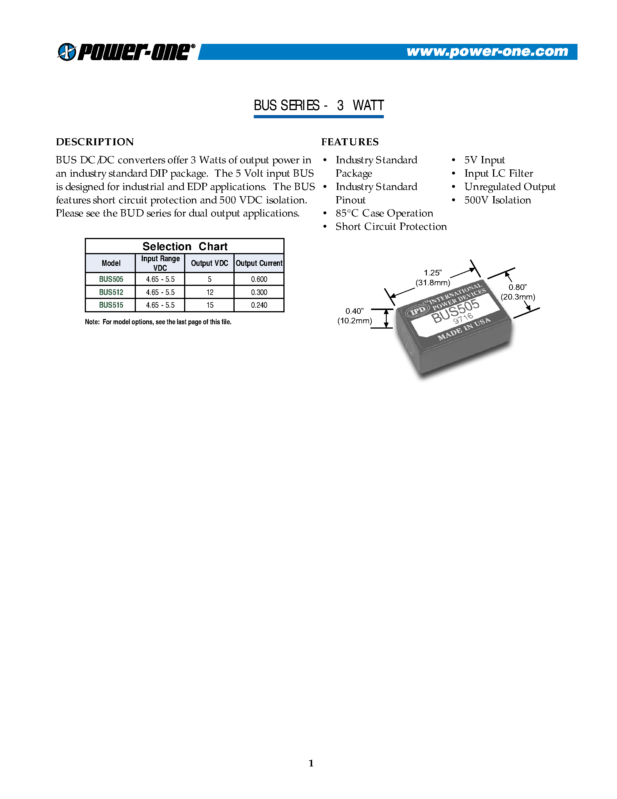 Datasheet BUS512 page 1 Datasheet BUS512 - BUS DC/DC converters(3 WATT) page 1