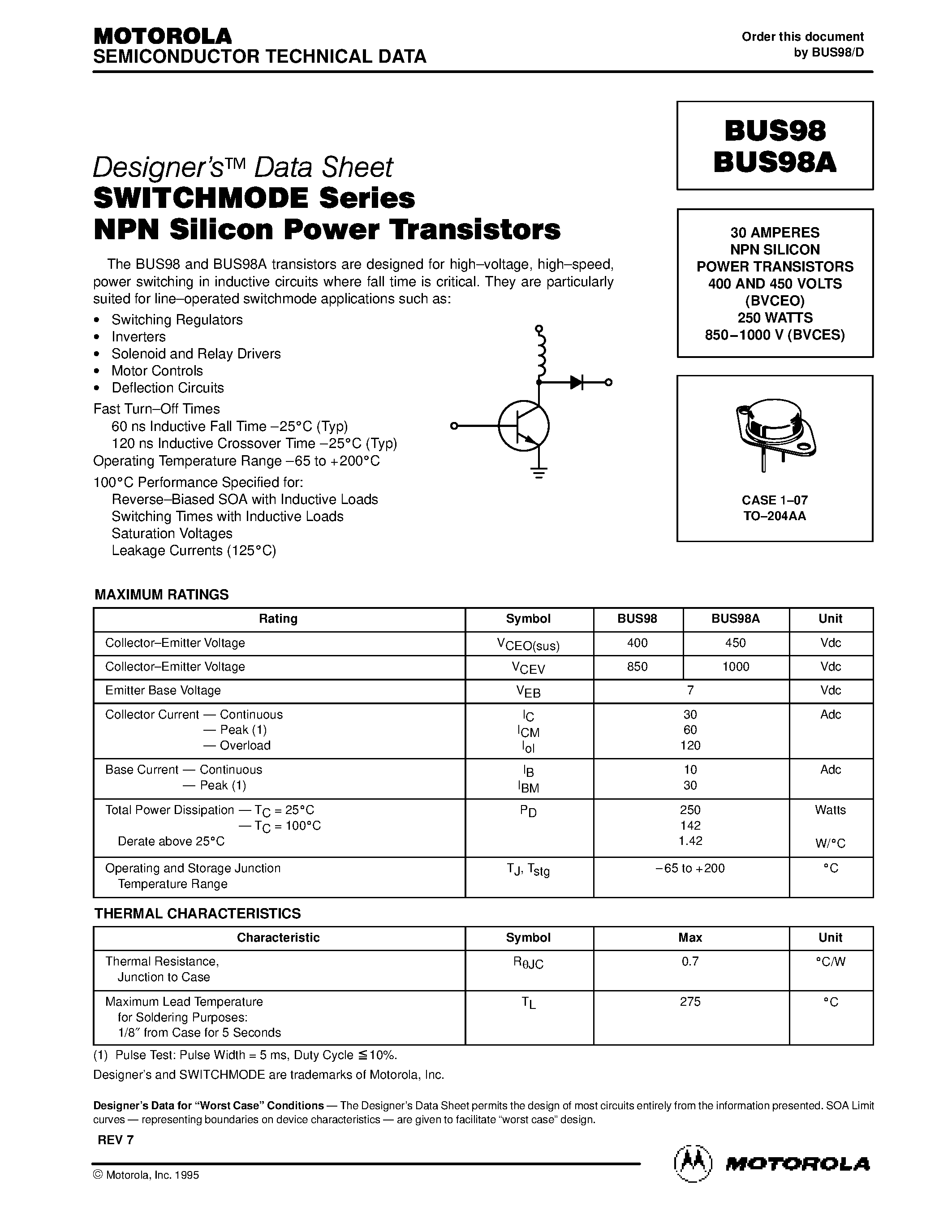 Даташит BUS98 - 30 AMPERES NPN SILICON POWER TRANSISTORS(SWITCHMODE SERIES) страница 1