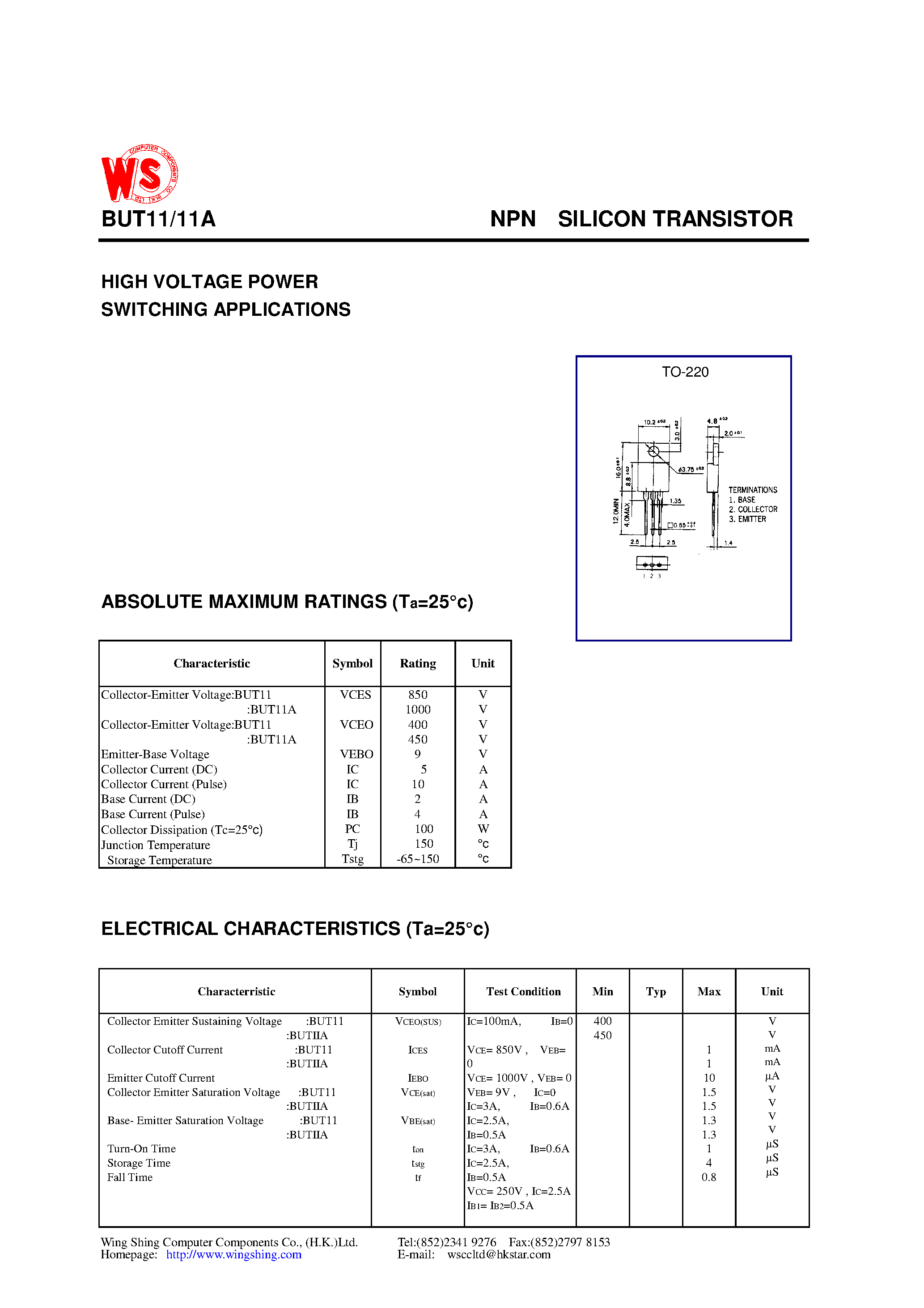 Даташит на микросхему BUT11 страница 1 Даташит BUT11 - NPN SILICON TRANSISTOR(HIGH VOLTAGE POWER SWITCHING APPLICATIONS) страница 1