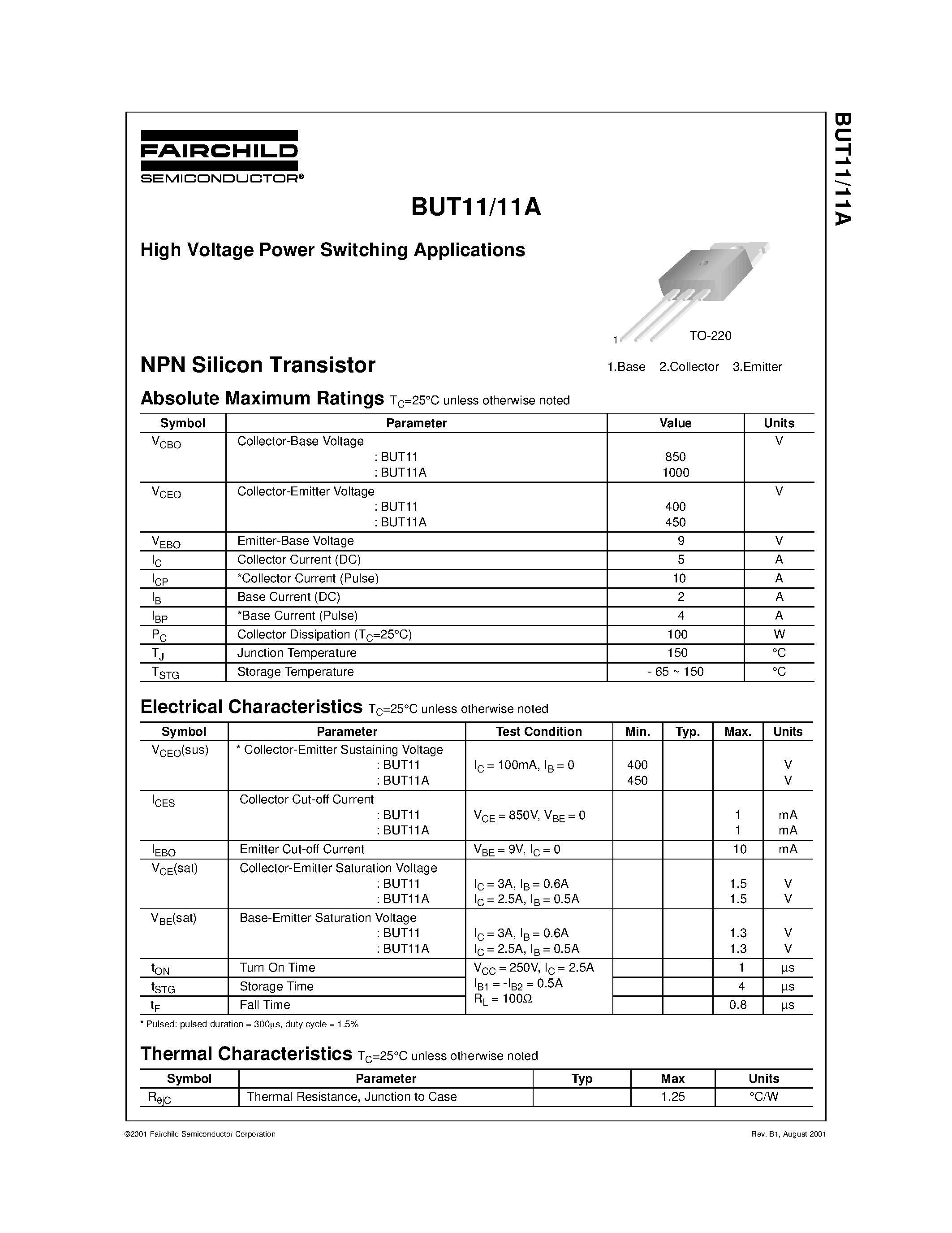 Даташит на микросхему BUT11A страница 1 Даташит BUT11A - High Voltage Power Switching Applications страница 1
