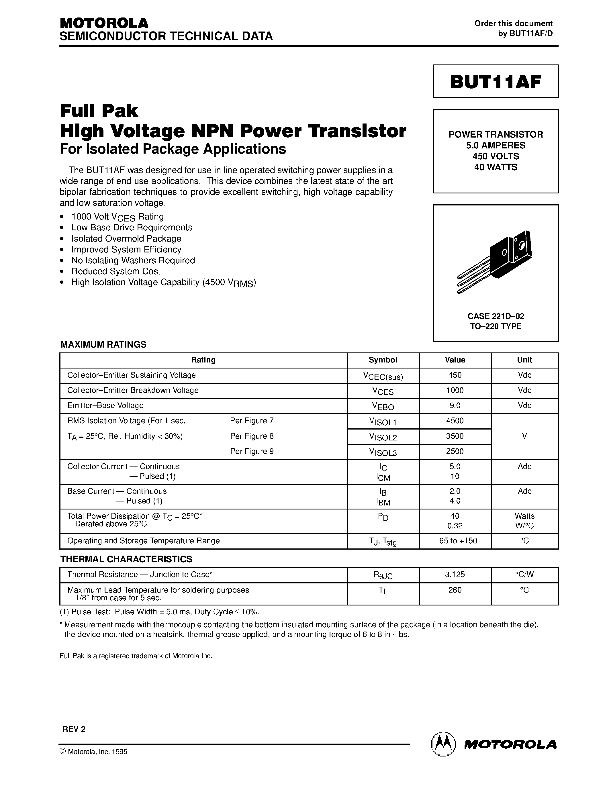 Даташит BUT11AF - POWER TRANSISTOR 5.0 AMPERES 450 VOLTS 40 WATTS страница 1