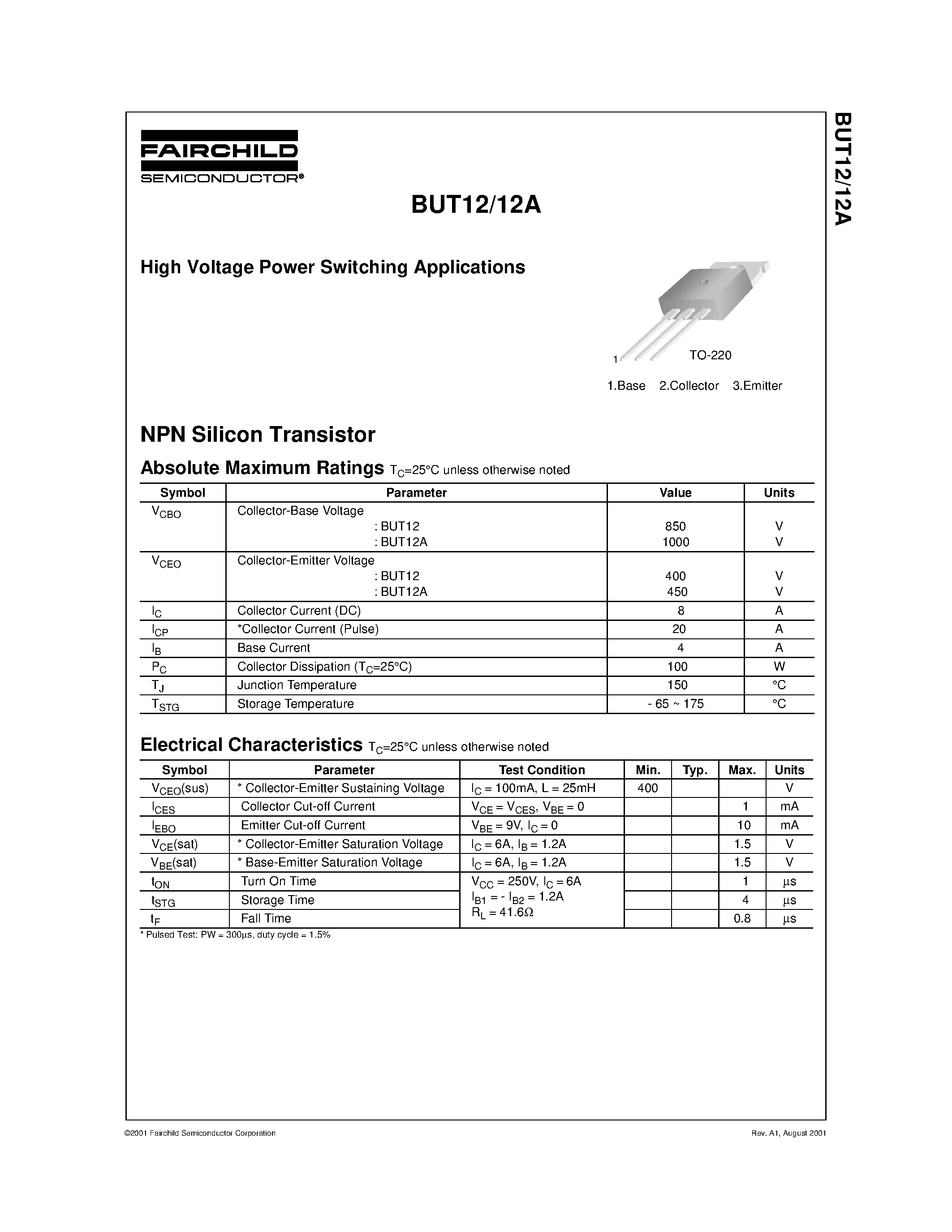 Даташит BUT12A - High Voltage Power Switching Applications страница 1